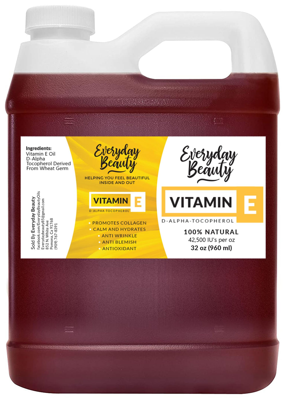 Everyday Beauty huile vitamine E, bouteille ambrée, hydratation en profondeur pour peau et cheveux