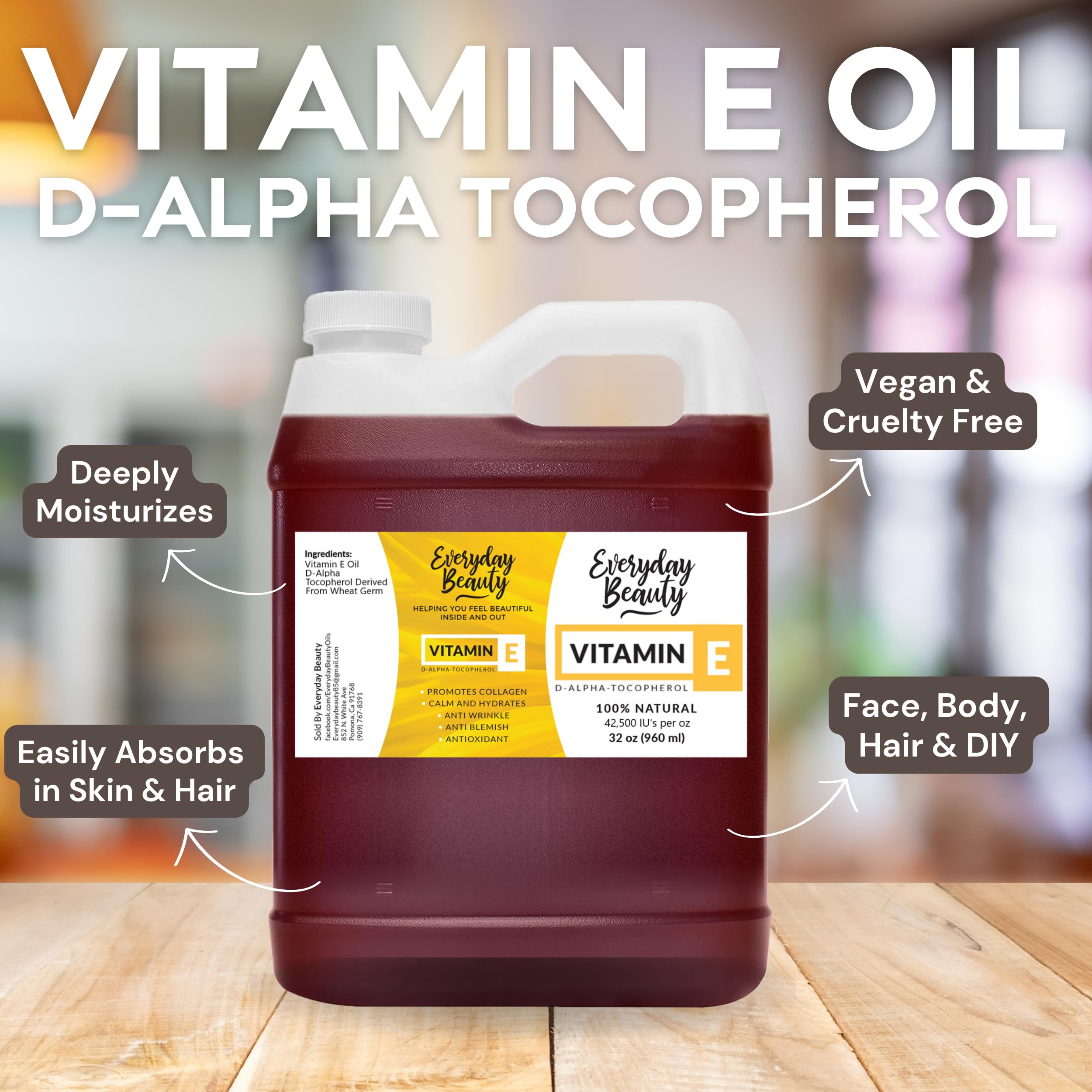 Everyday Beauty huile vitamine E, étiquette indiquant pure et naturelle