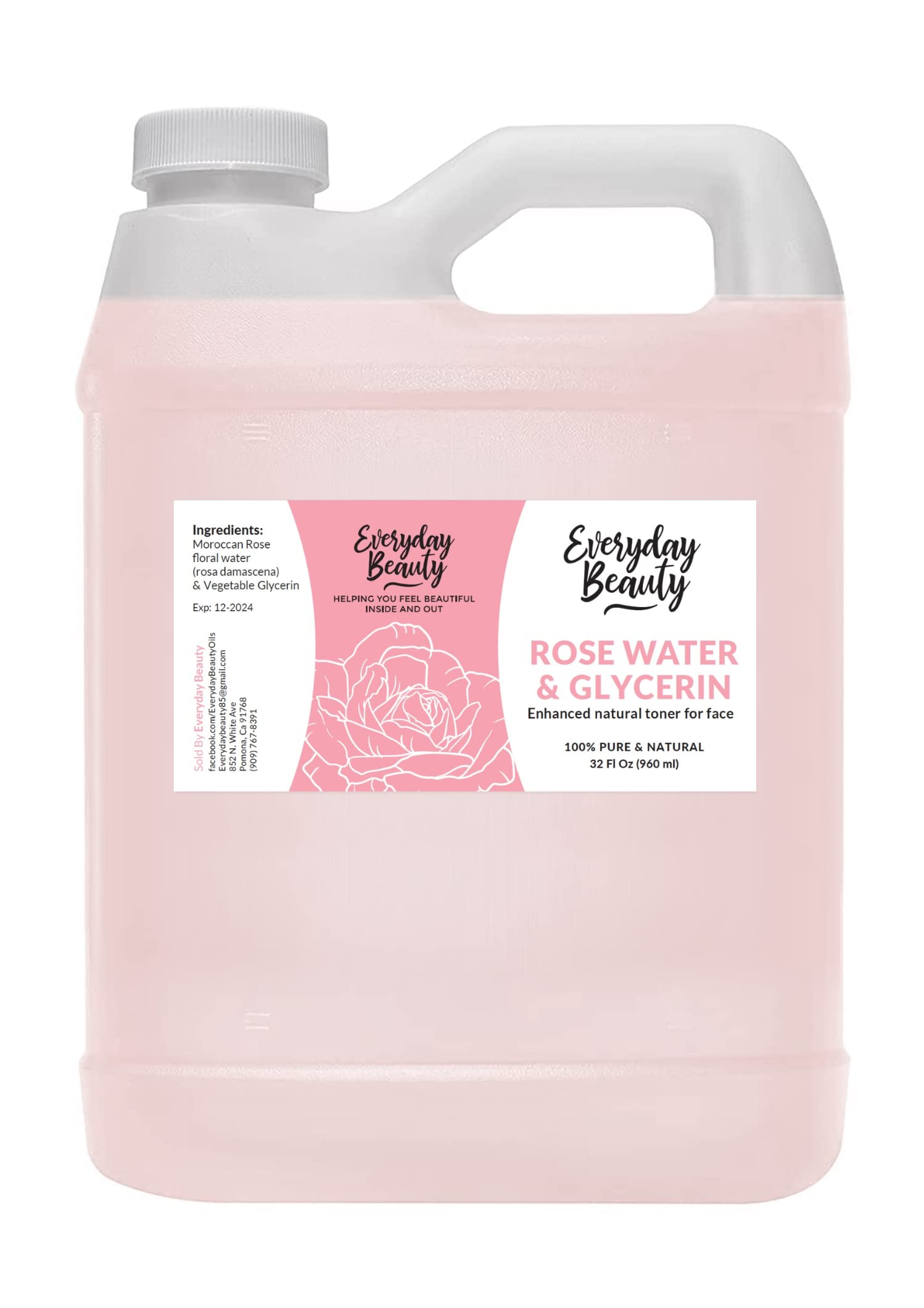 Everyday Beauty tonique eau-rose-glycérine, bouteille élégante, hydratation durable visage et cheveux.