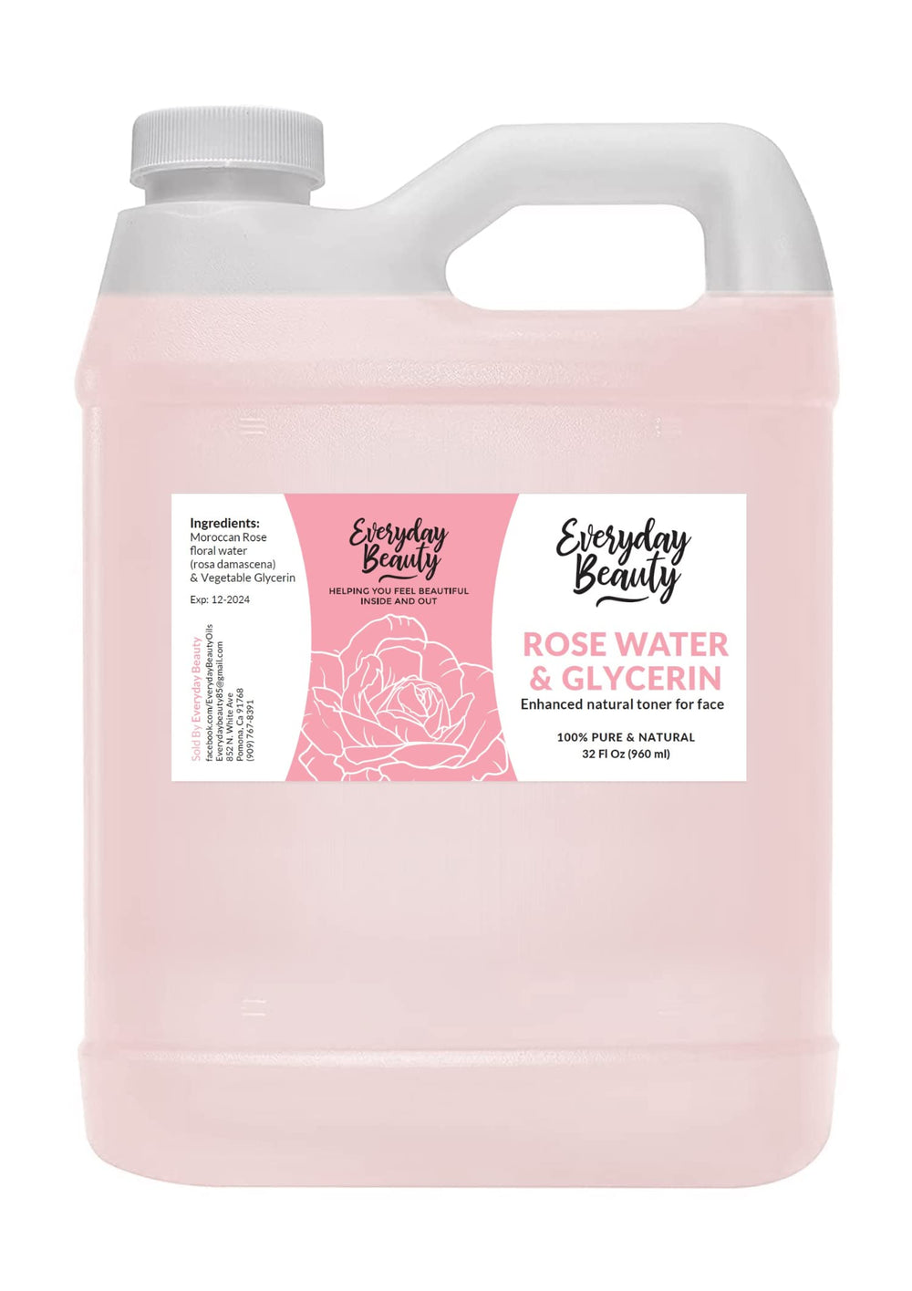 Everyday Beauty tonique eau-rose-glycérine, bouteille élégante, hydratation durable visage et cheveux.