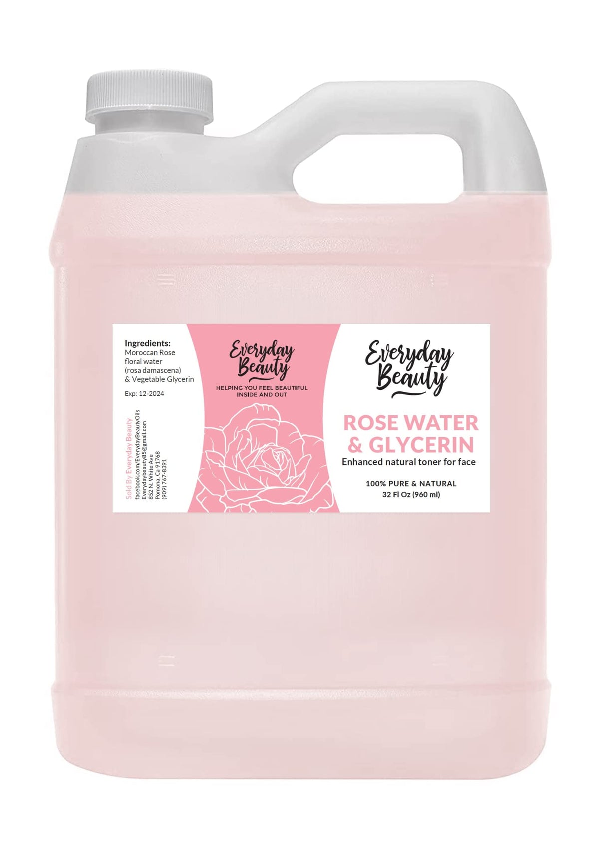 Everyday Beauty tonique eau-rose-glycérine, bouteille élégante, hydratation durable visage et cheveux.