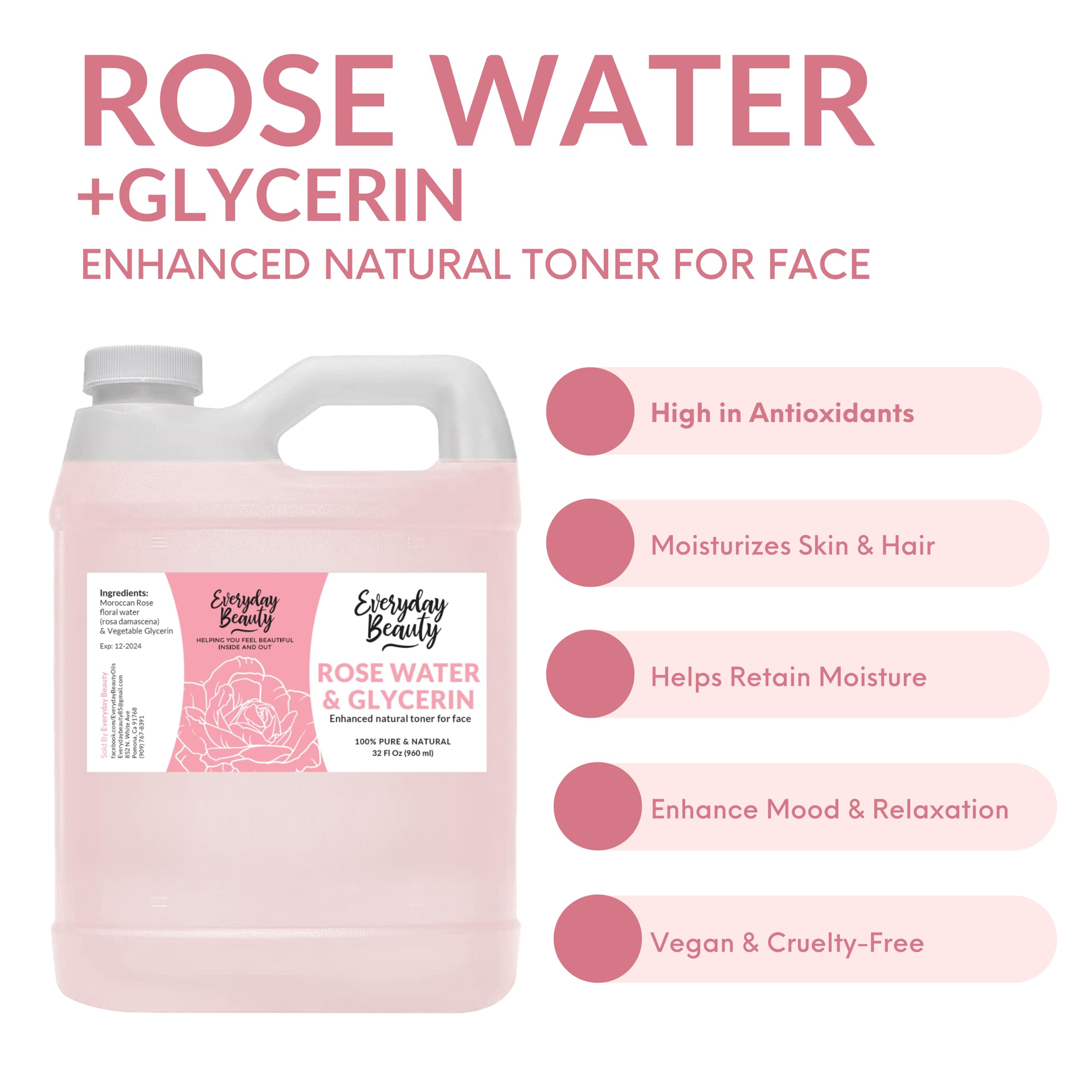 Détail de l’étiquette et des ingrédients, eau de rose et glycérine naturelle.