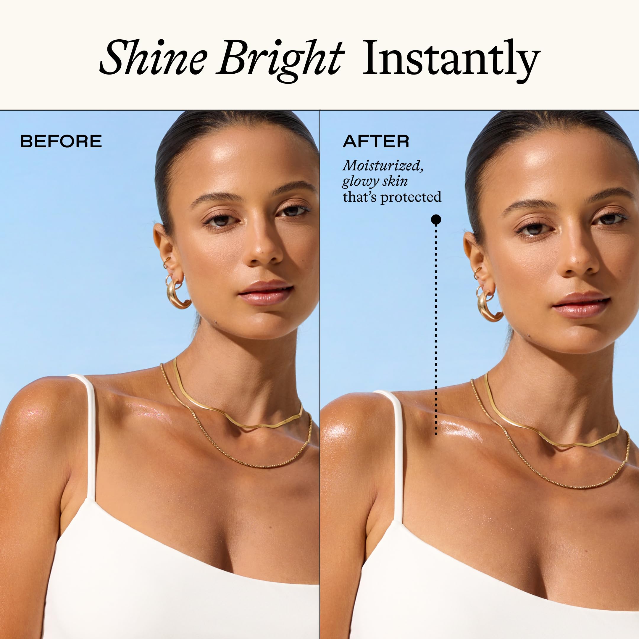 Everyday Humans Sun Glazed close-up shows gold mica shimmer on skin.
