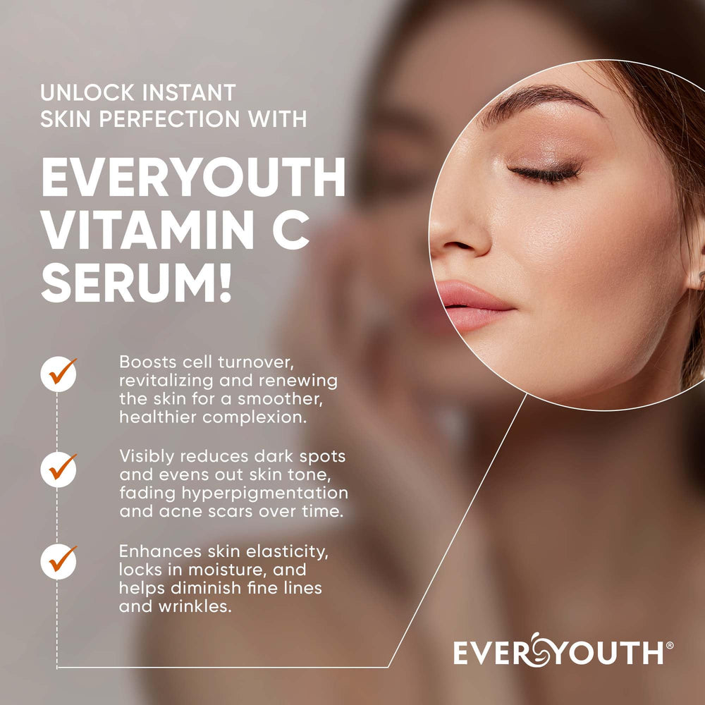 EVERYOUTH Sérum vitamine C — texture peau lisse et pores visiblement affinés.