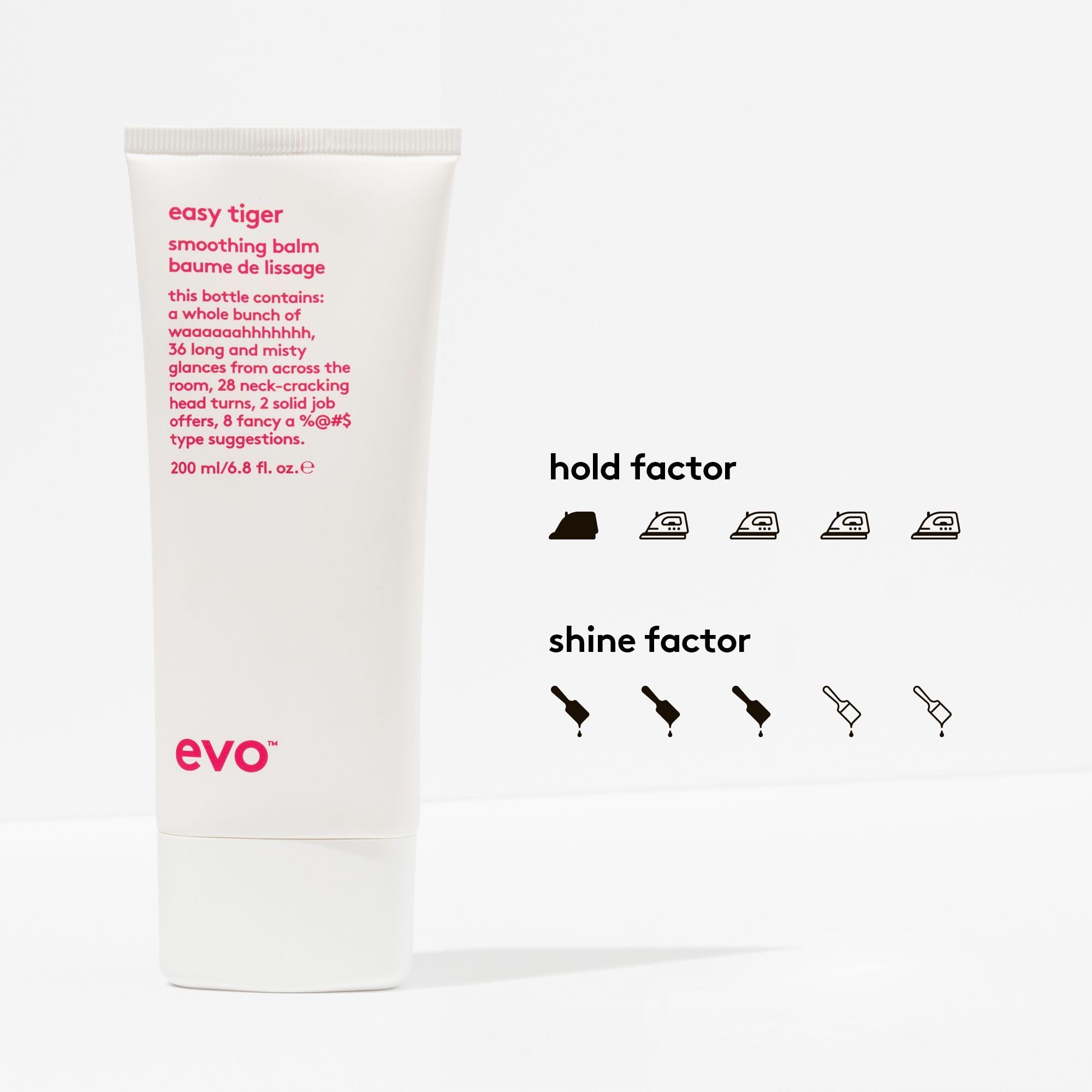 EVO Easy Tiger Smoothing Balm avant/après séchage pour cheveux plus lisses.