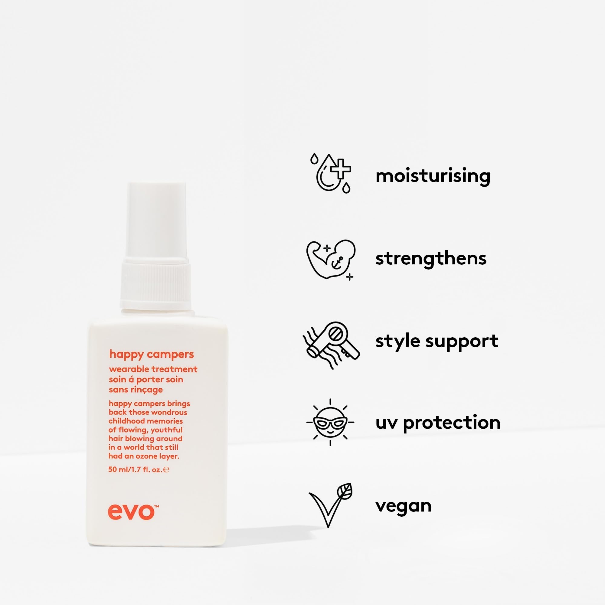 Application en spray EVO Happy Campers, prise en main rapide pour cheveux propres.
