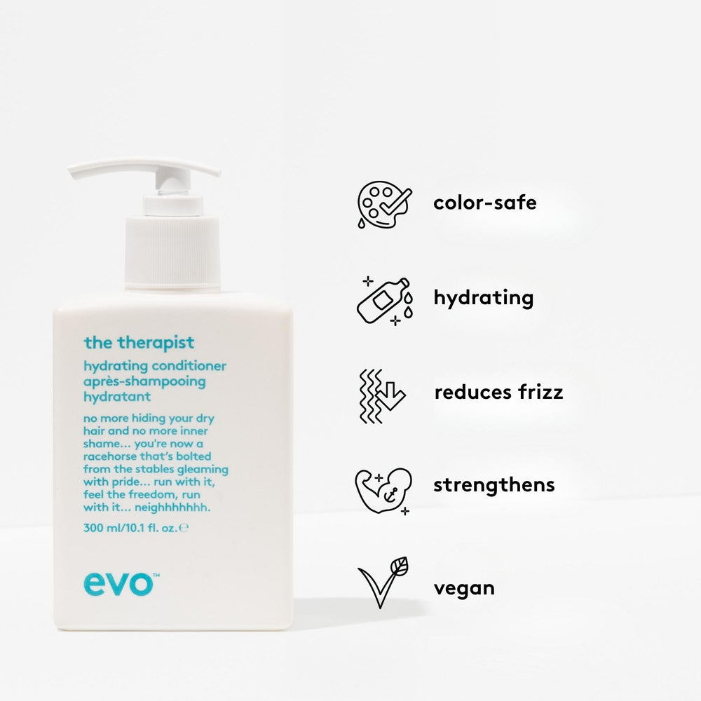 EVO Le Thérapeute Hydratant, image mettant en avant démêlage efficace et brillance.