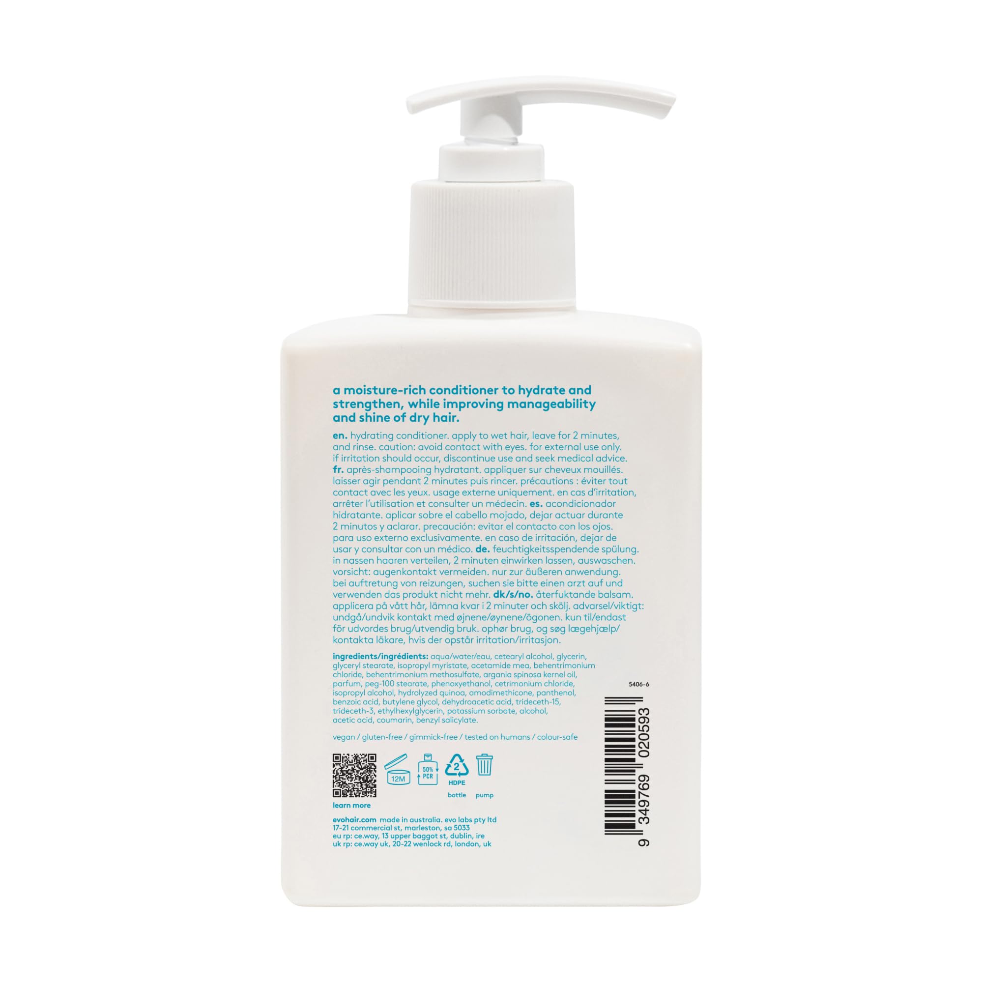EVO Le Thérapeute Hydratant, flacon démontrant douceur et démêlage facile.