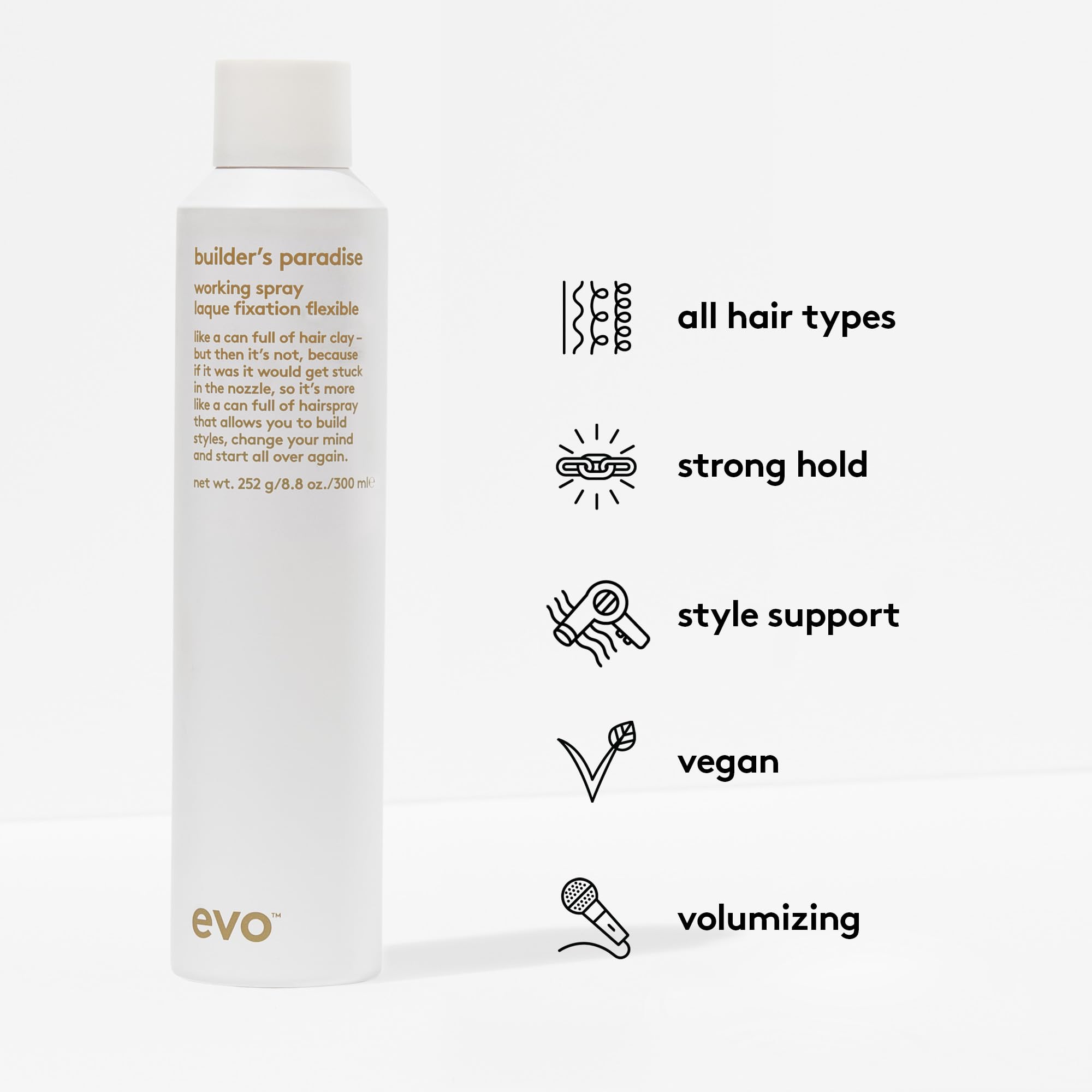 EVO Builder's Paradise Fixatif, application rapide facilitant le coiffage.