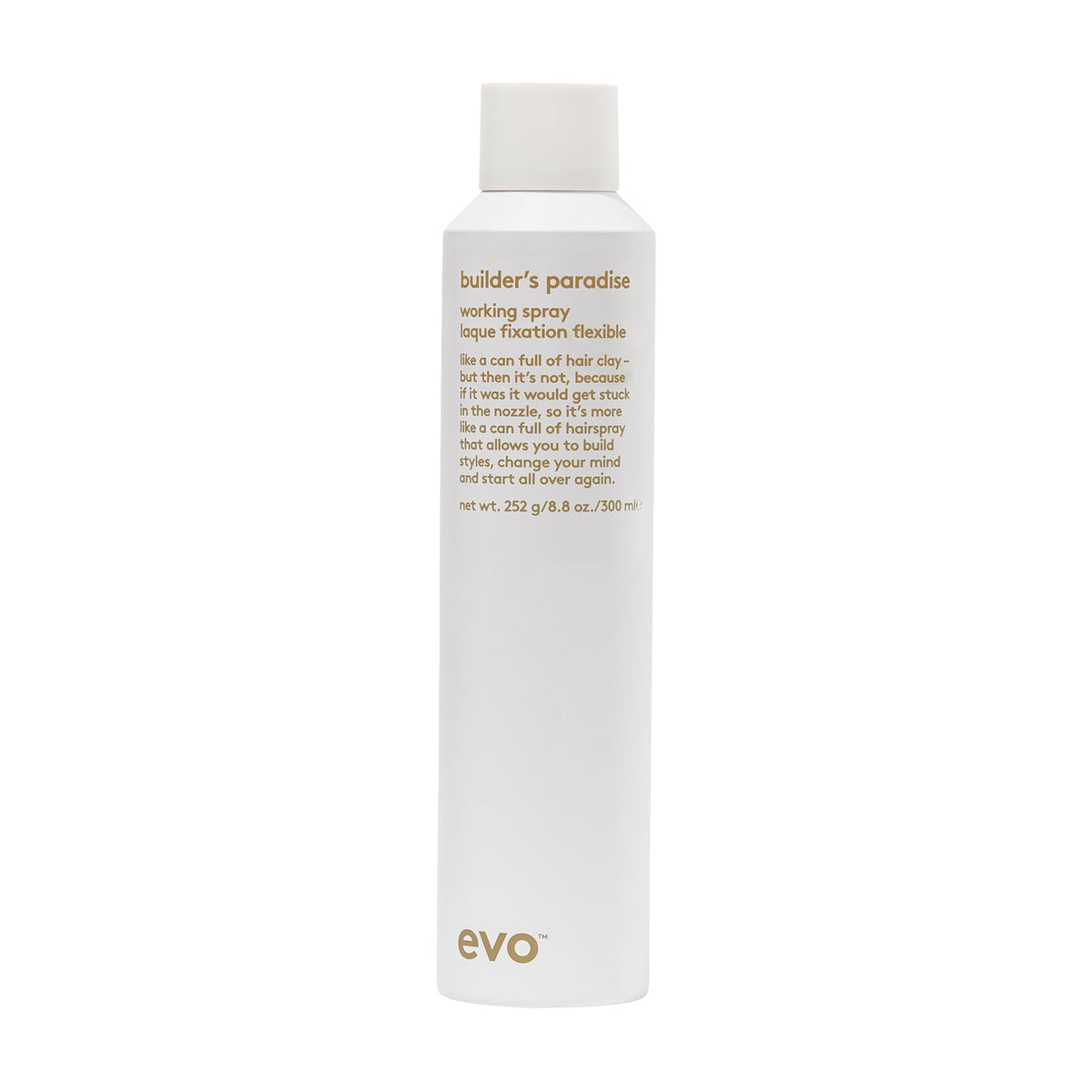EVO Builder's Paradise Fixatif Coiffant, bouteille spray, tenue légère et modulable.