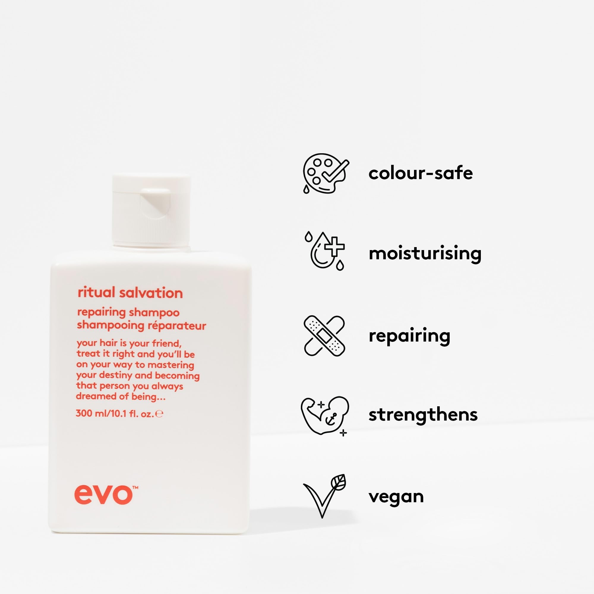 Étiquette EVO Ritual Salvation Shampoo affichant le nom et les bienfaits.