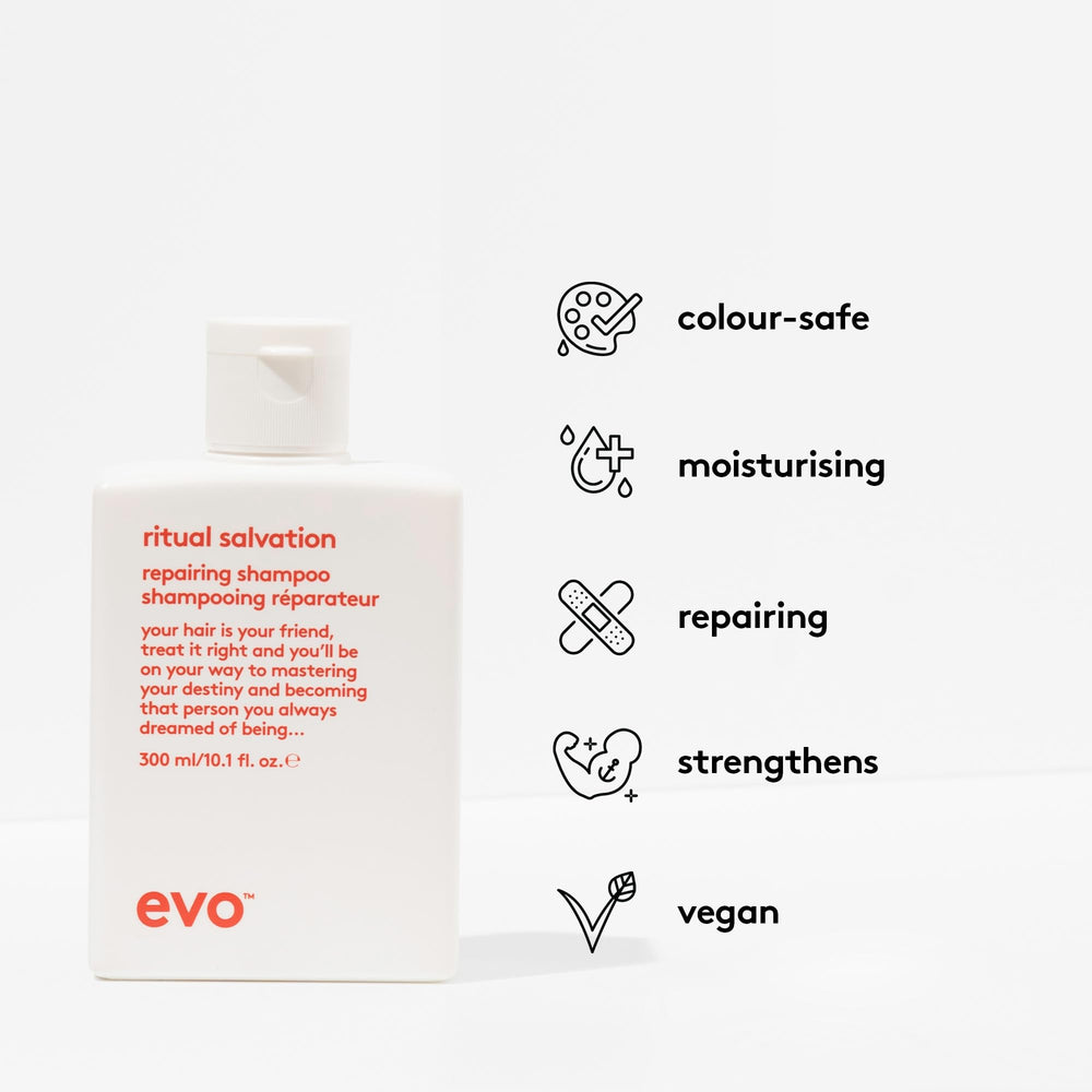Étiquette EVO Ritual Salvation Shampoo affichant le nom et les bienfaits.