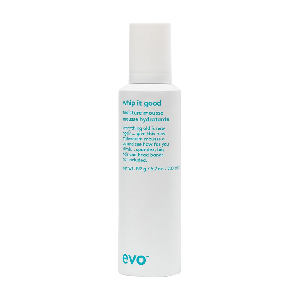 EVO Whip It Good Mousse : bouteille indiquant hydratation légère et coiffage facile.