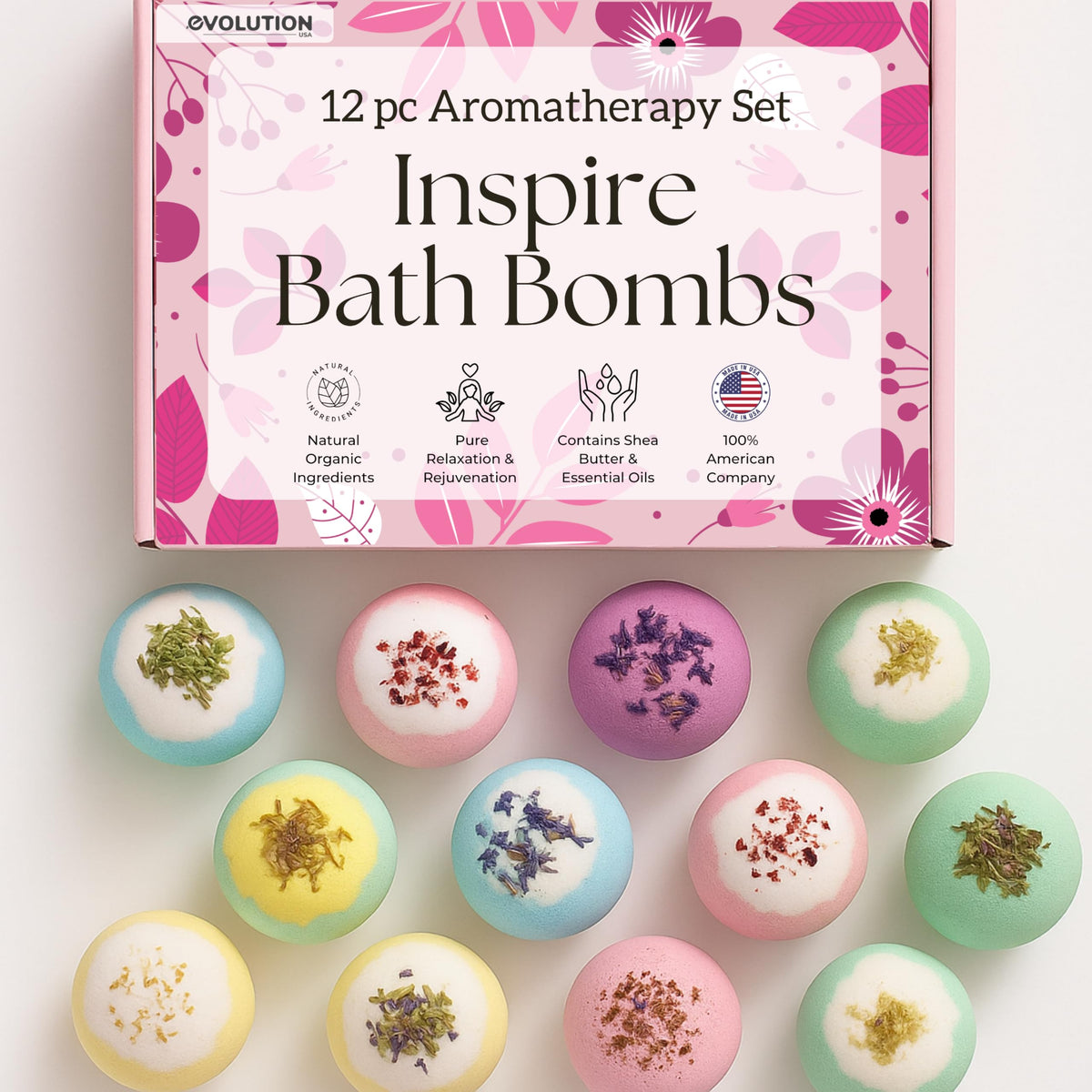 Bombes EvolutionUSA Inspire avec fleurs séchées sur le dessus, parfaite pour un moment spa à domicile.