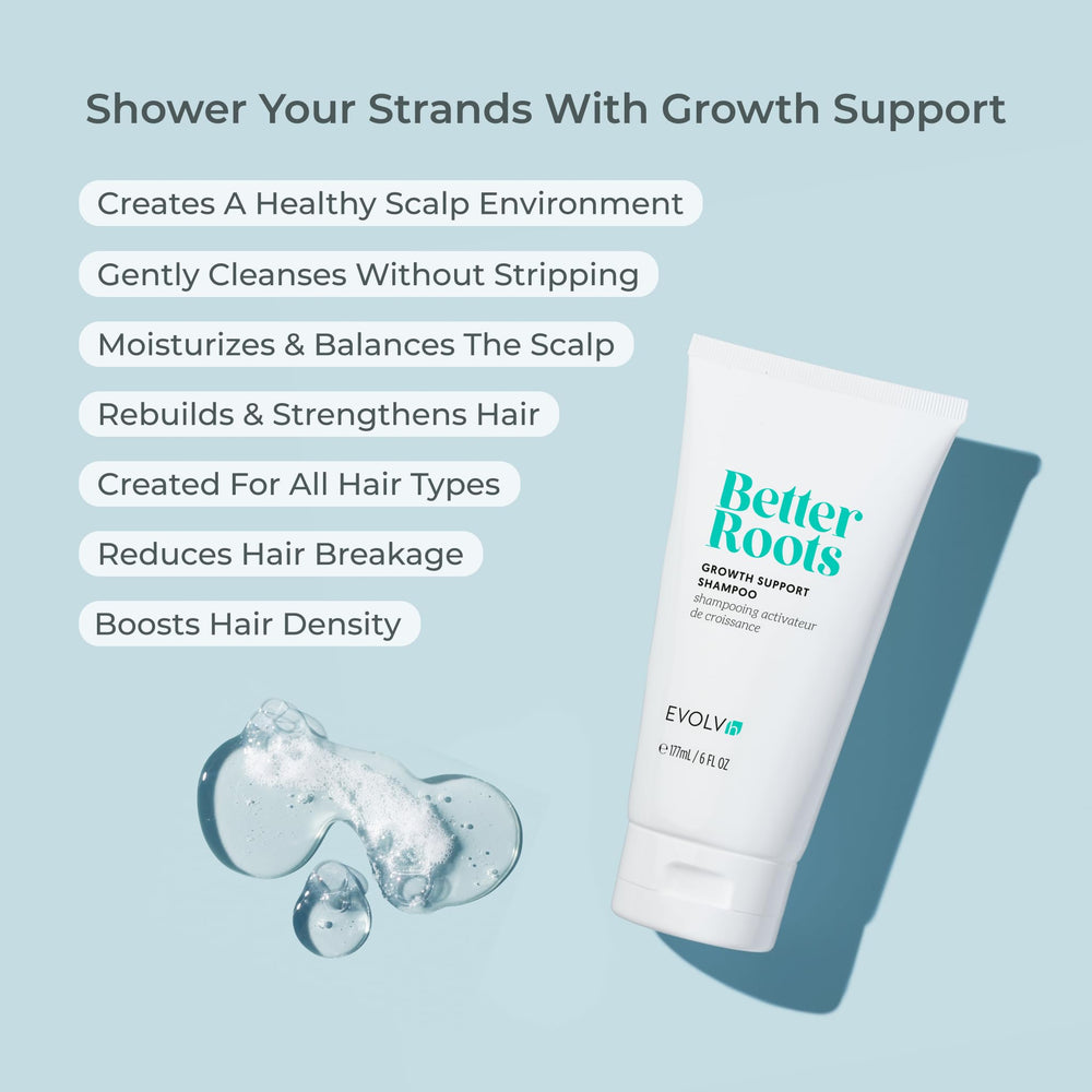 EVOLVh Better Roots Shampoing, étiquette d'ingrédients, formule végan et non toxique.
