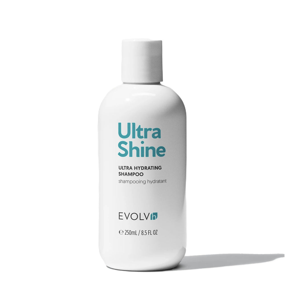 EVOLVh UltraShine Shampoing – bouteille visible, hydratation et brillance potentielles.