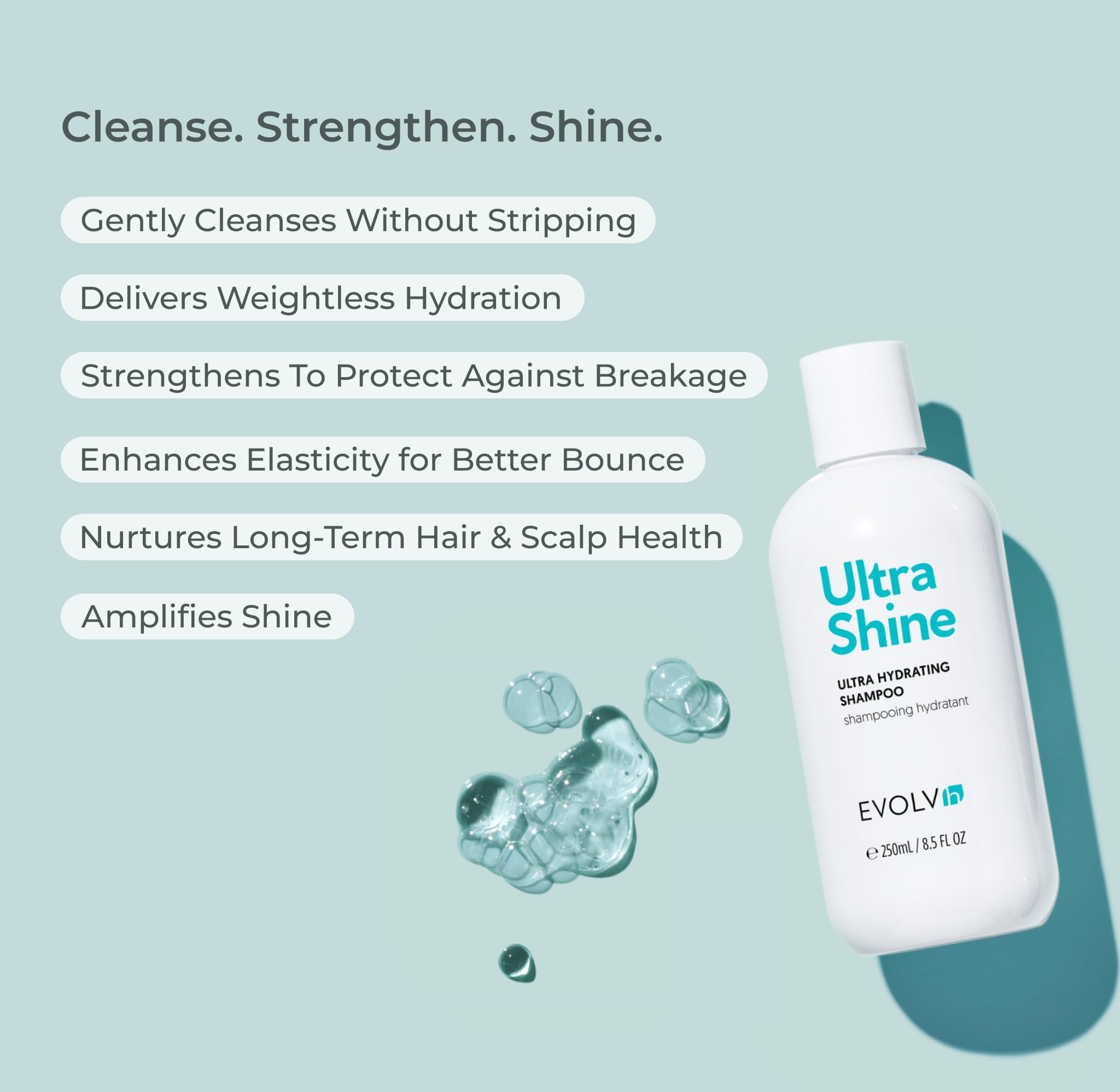 EVOLVh UltraShine shampooing : gros plan sur l'éclat des cheveux après lavage