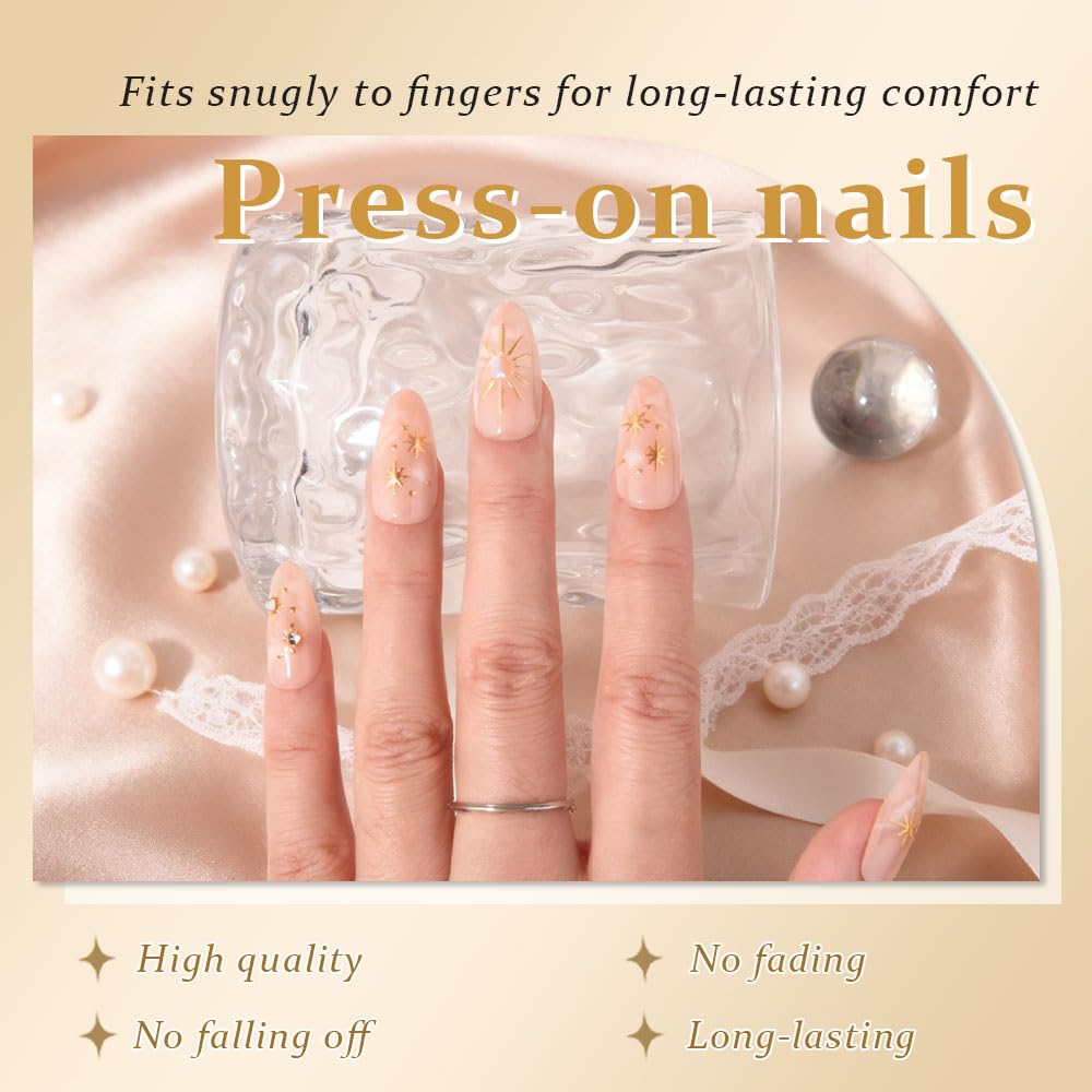 Ongles evpct boheme 3D avec étoiles-or nude, look élégant et durable.