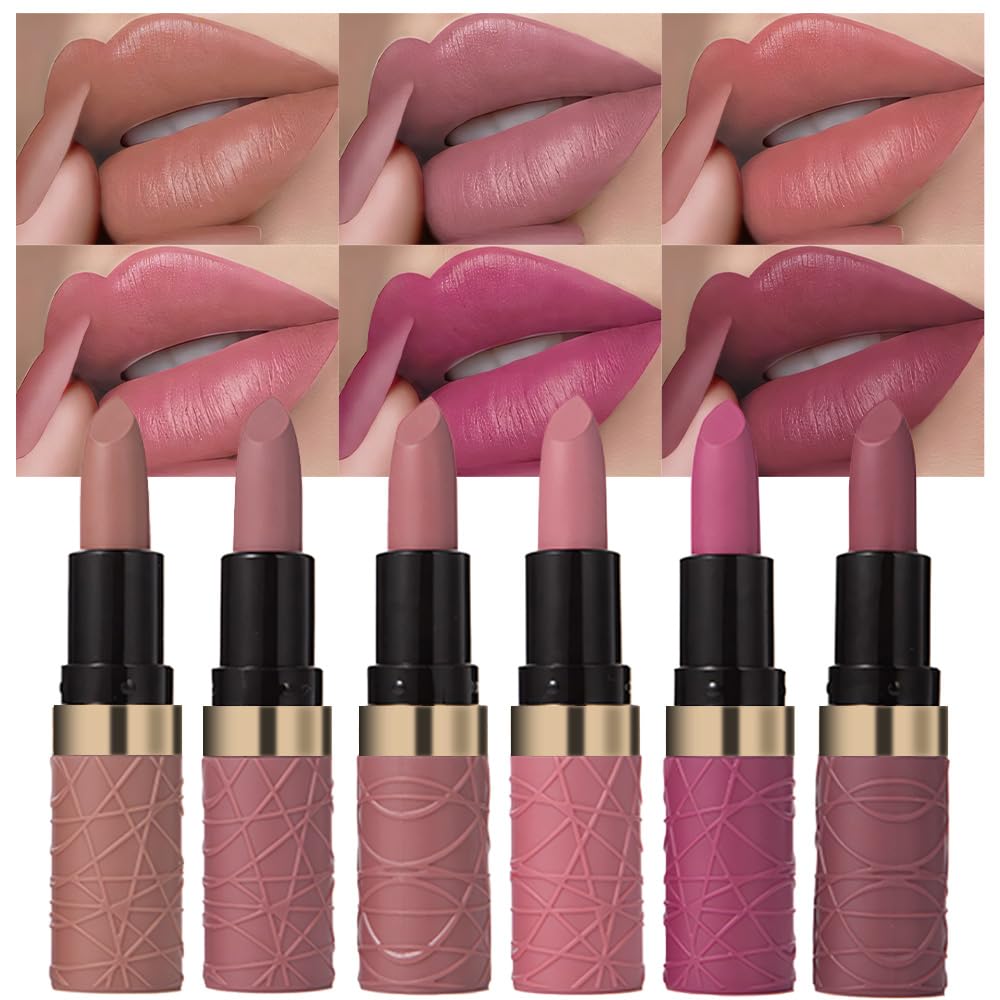 Évpct rouge-levres nude-matte sur lèvres, tenue longue durée pour un look naturel.