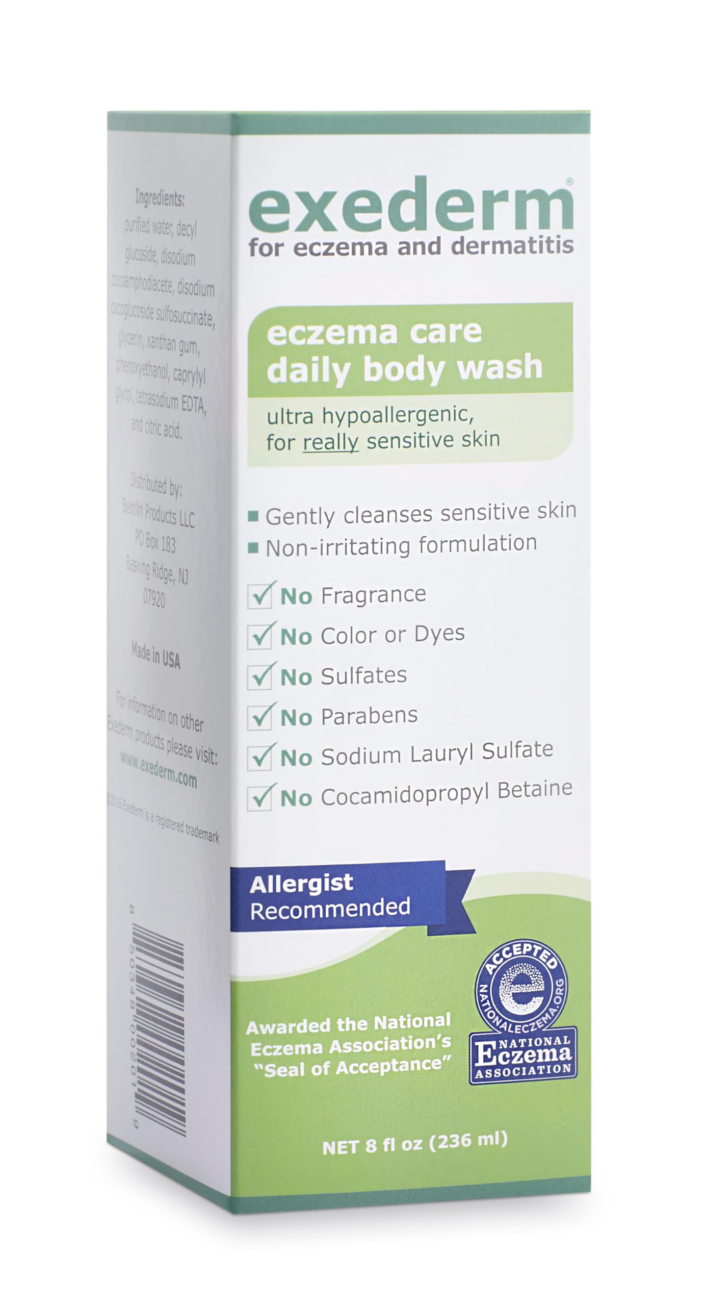 Exederm Body Wash bottle top view emphasizes gentle, hypoallergenic formula for sensitive skin.