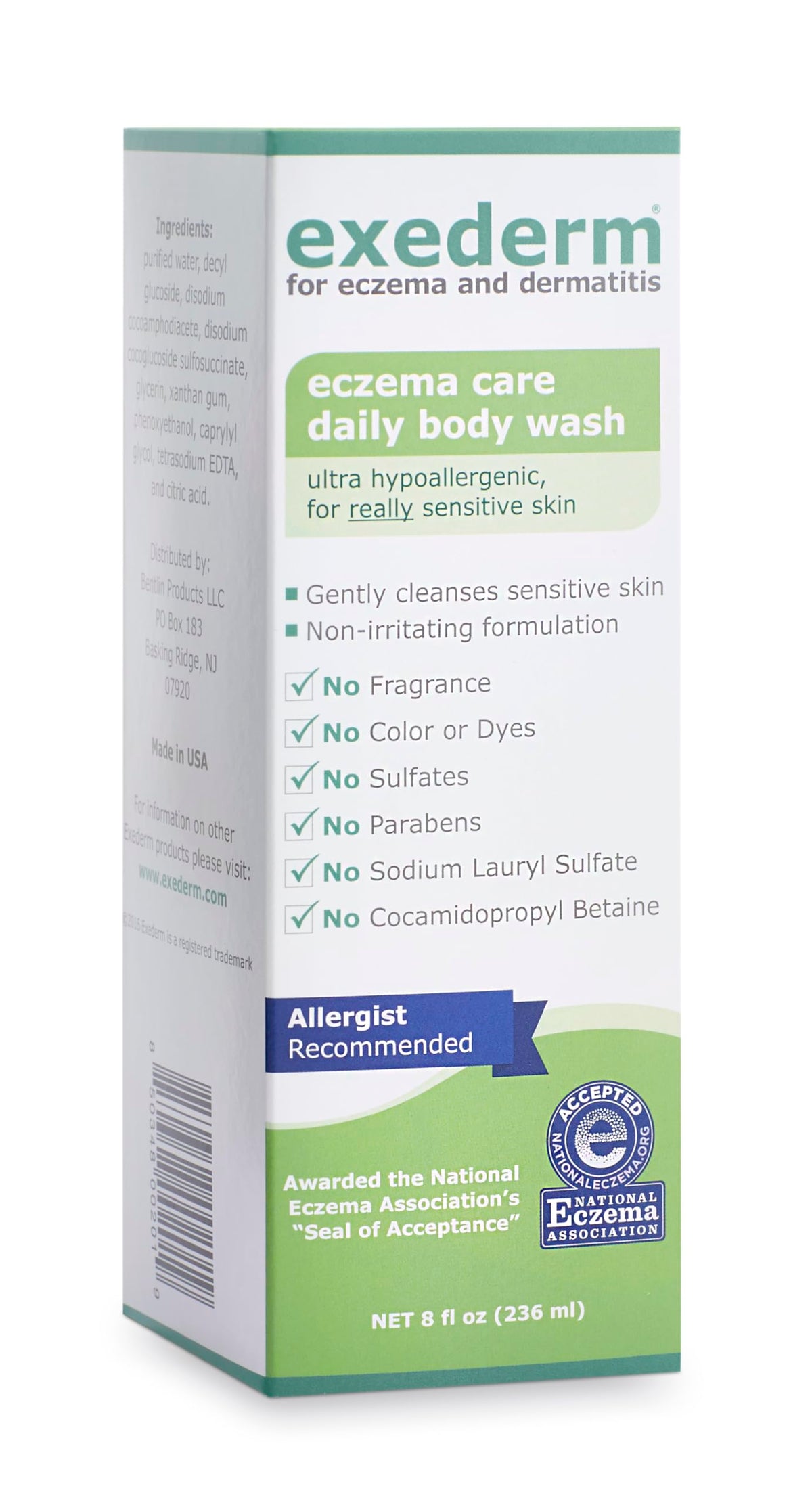 Exederm Body Wash bottle top view emphasizes gentle, hypoallergenic formula for sensitive skin.