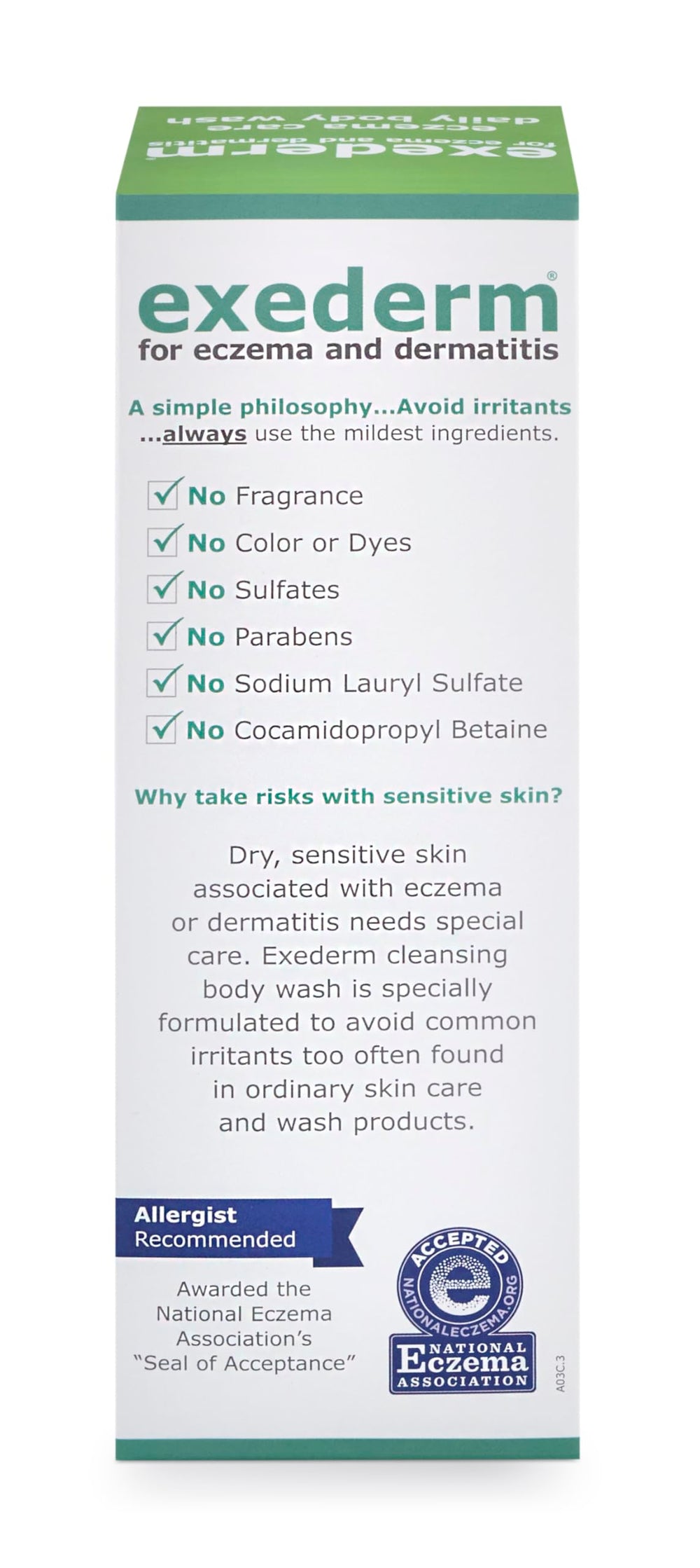 Close-up of Exederm ingredients highlighting glycerin for gentle moisture.