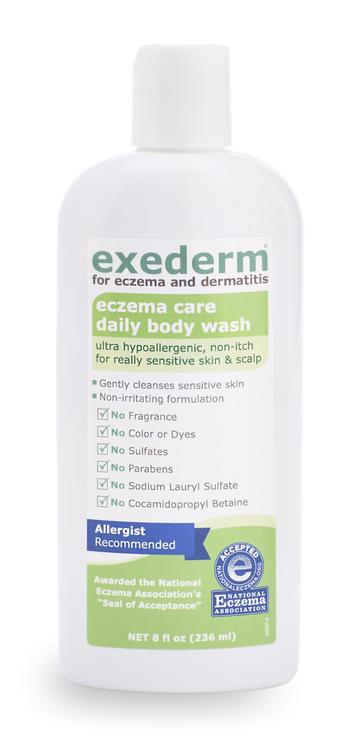 Exederm Body Wash lather demonstration showing soap-free cleansing on skin.