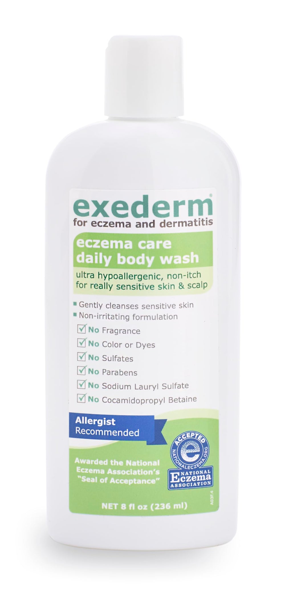 Exederm Body Wash lather demonstration showing soap-free cleansing on skin.