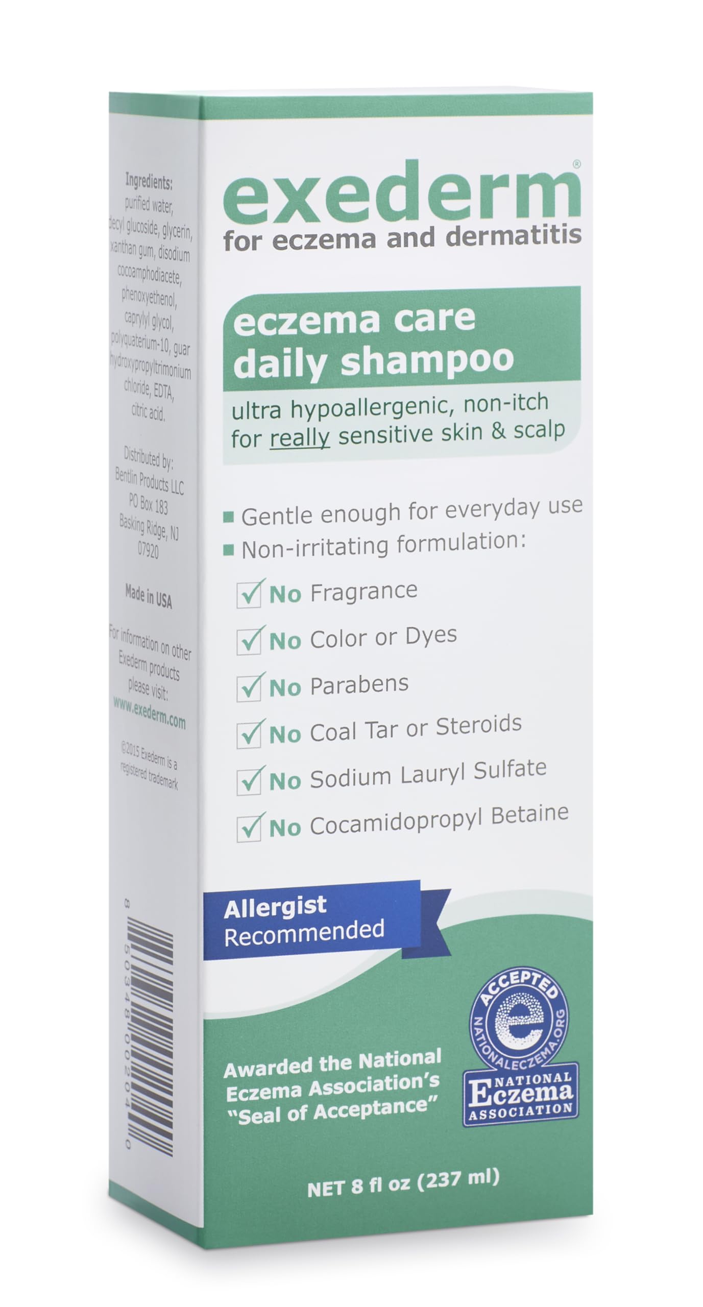 Exederm Shampoing cuir chevelu sensible, nettoyage doux et hypoallergénique.