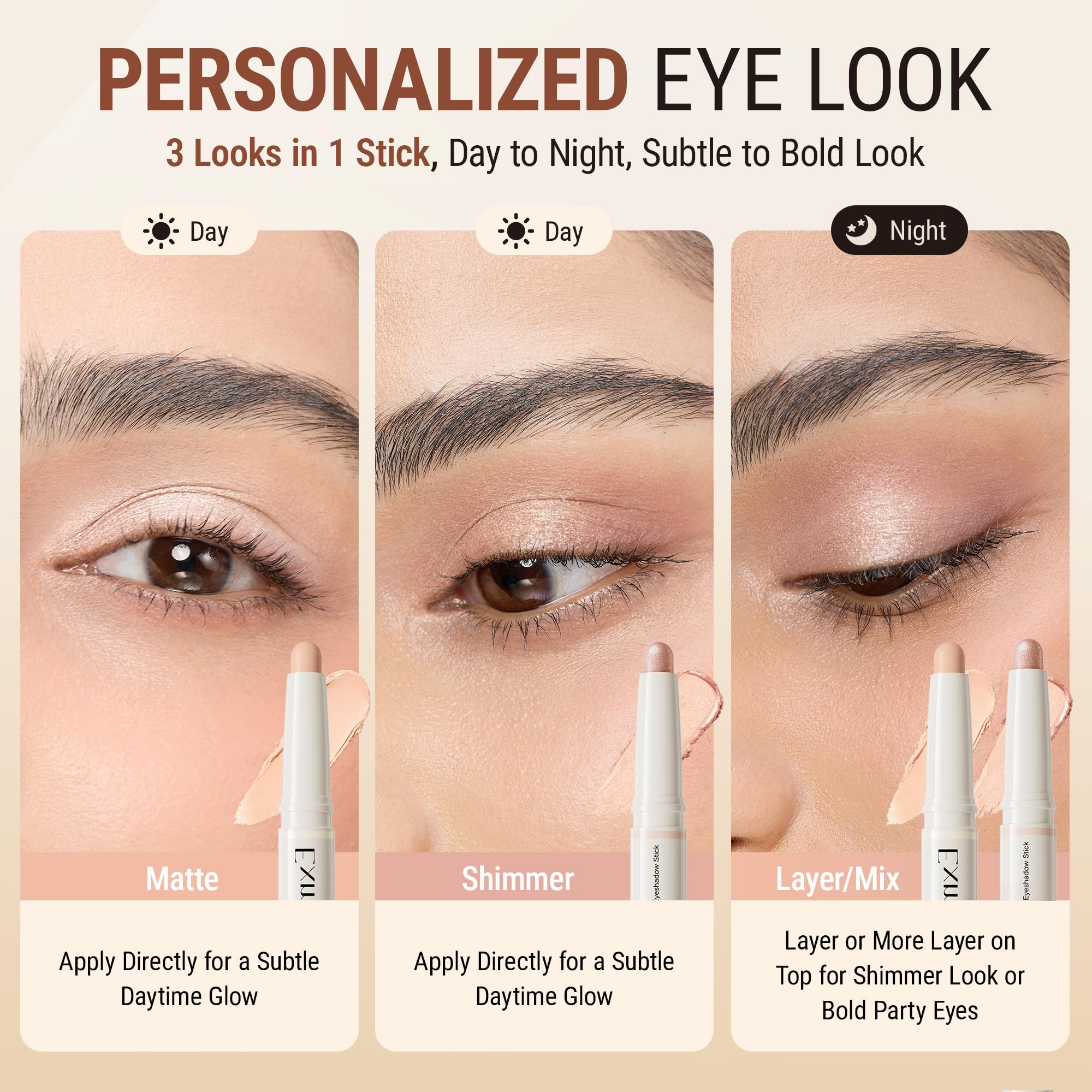 Exmiloo Eyeshadow Stick Sunrise Latte, utilisation facile pour des looks rapide et précis.