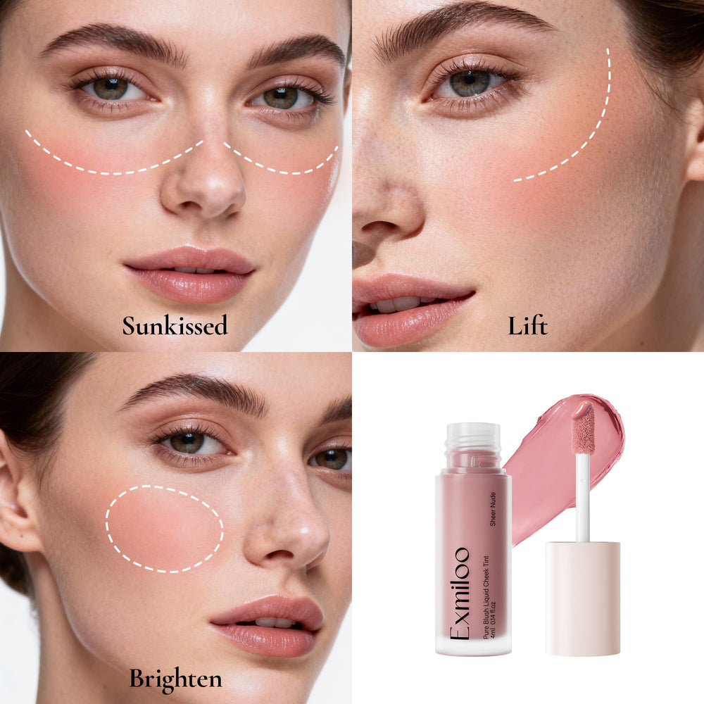 Points 1 à 2 sur les joues avec Exmiloo rouge liquide pour une teinte naturelle.