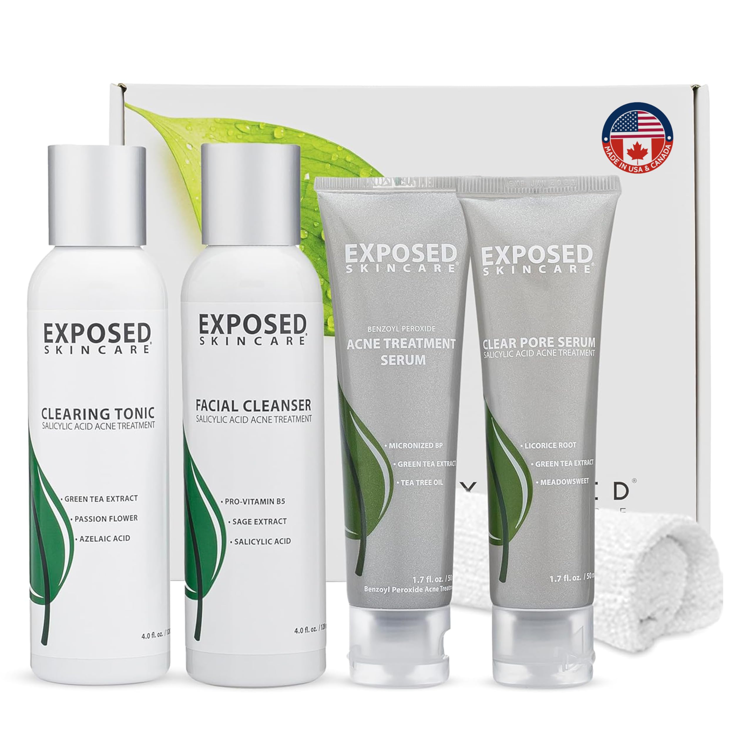 Exposed Skin Care kit emballage, présentation soignée pour une routine anti-acné.