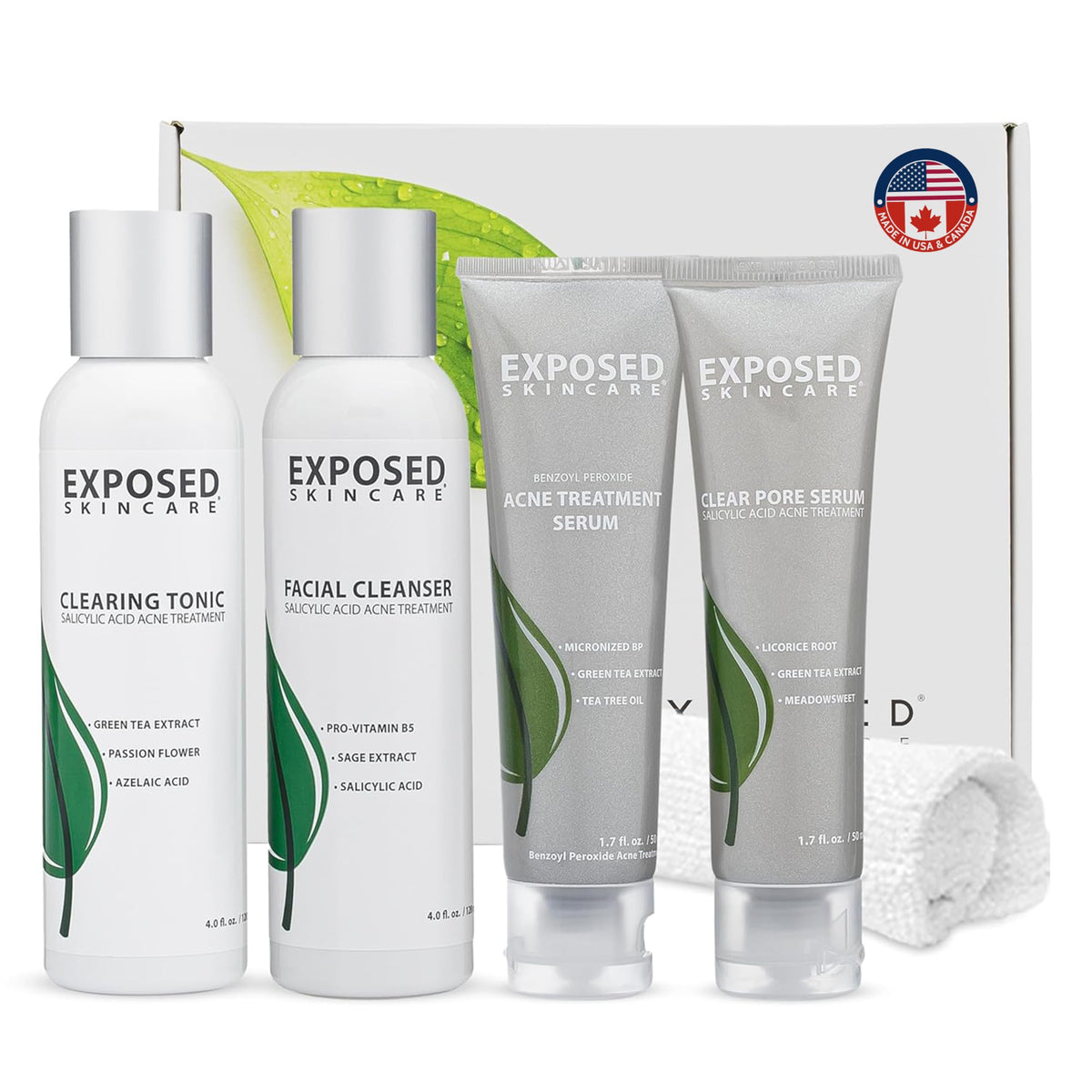 Exposed Skin Care kit emballage, présentation soignée pour une routine anti-acné.
