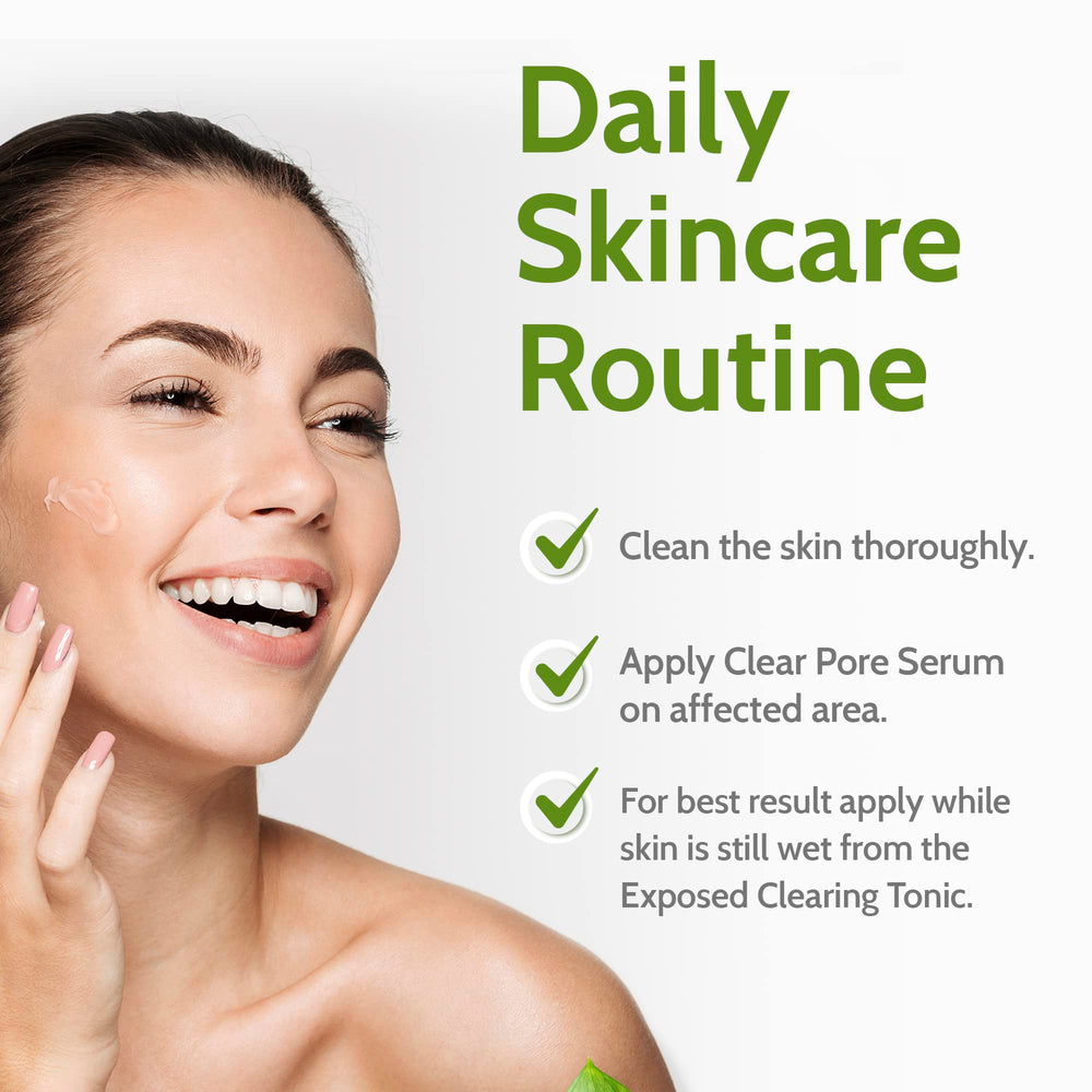 Exposed Skin Care Clear Pore Serum suggère une réduction visuelle des pores au fil des jours.