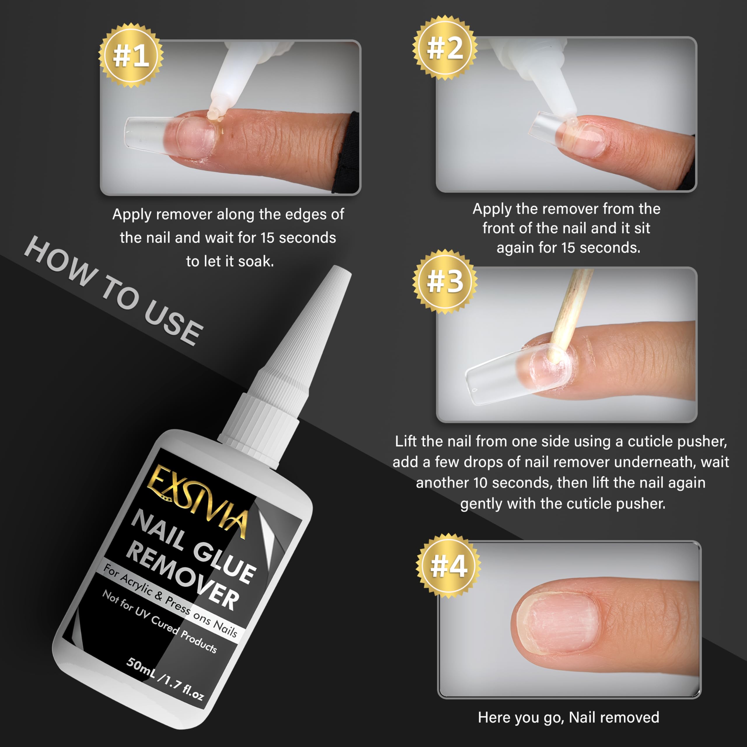 EXSIVIA usage multi: retire colle, ongles et résidus adhésifs