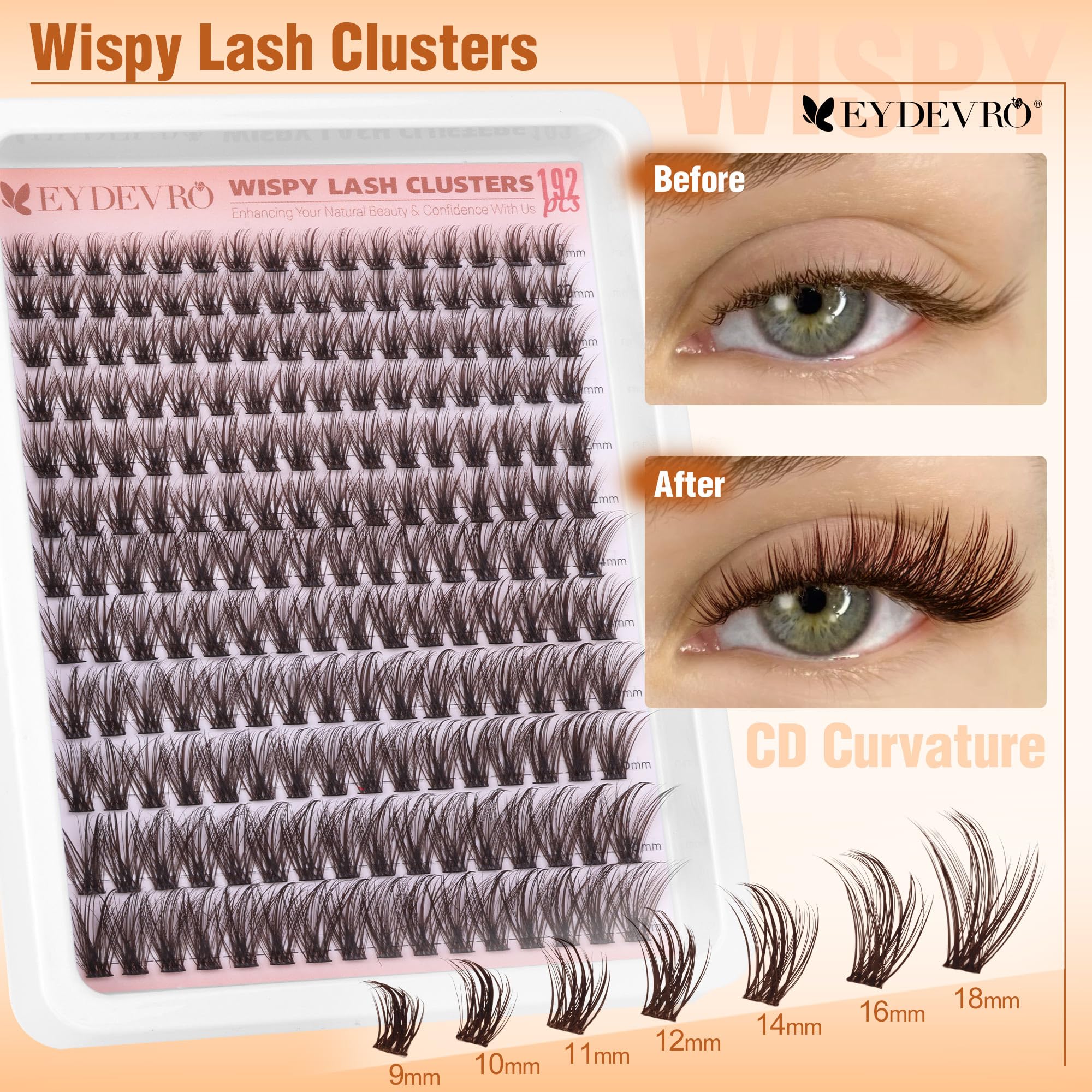 EYDEVRO clusters cils bruns longue variété 9-16mm pour extensions à domicile