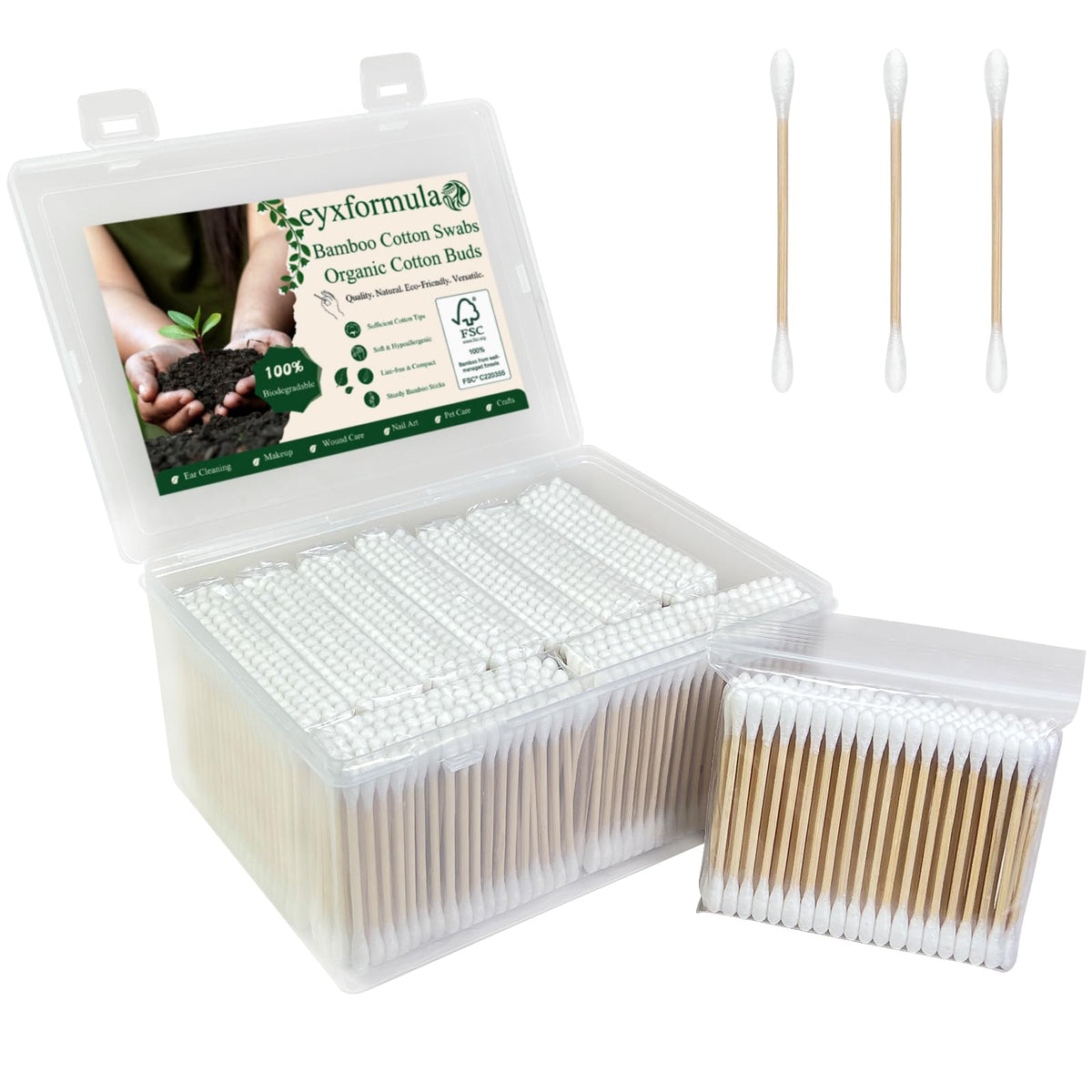Eyxformula coton-tiges pointes doubles en bambou, douceur hypoallergenique pour le soin précis.