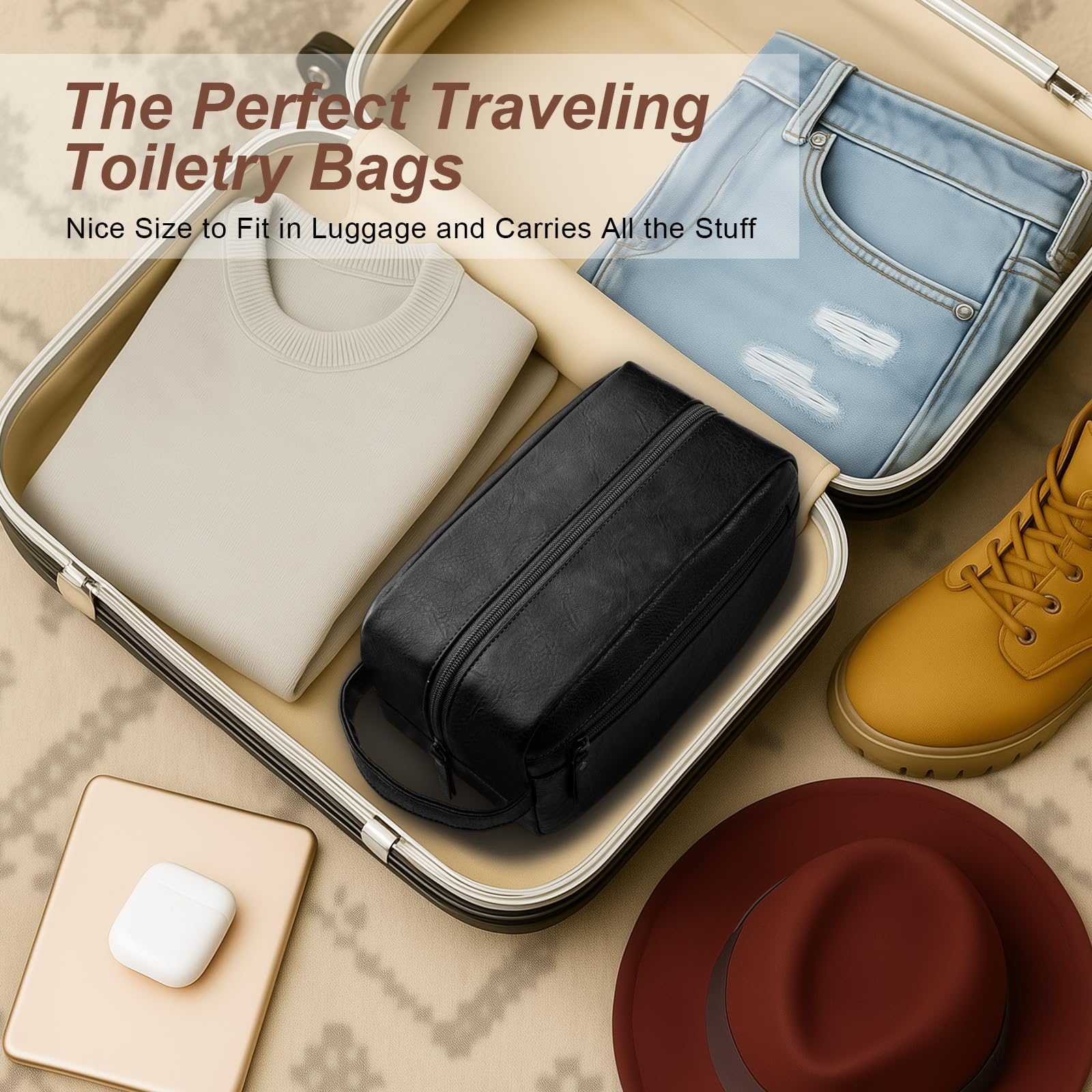 Ezday Dopp Kit poignee-en-cuir, maniable et élégante.