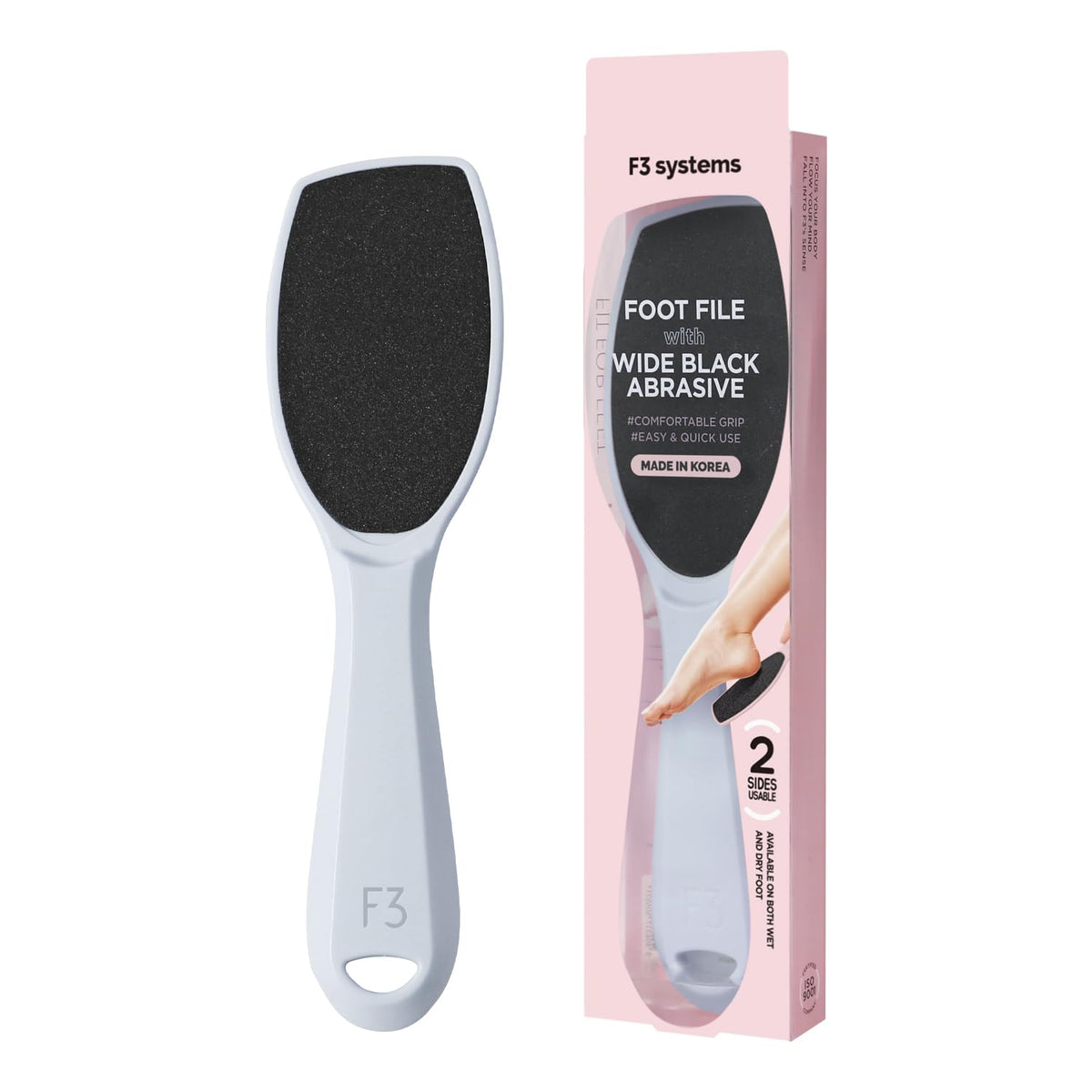 F3 Systems emery pieds double-face bleu ciel, élimine les callosités et lisse la peau.