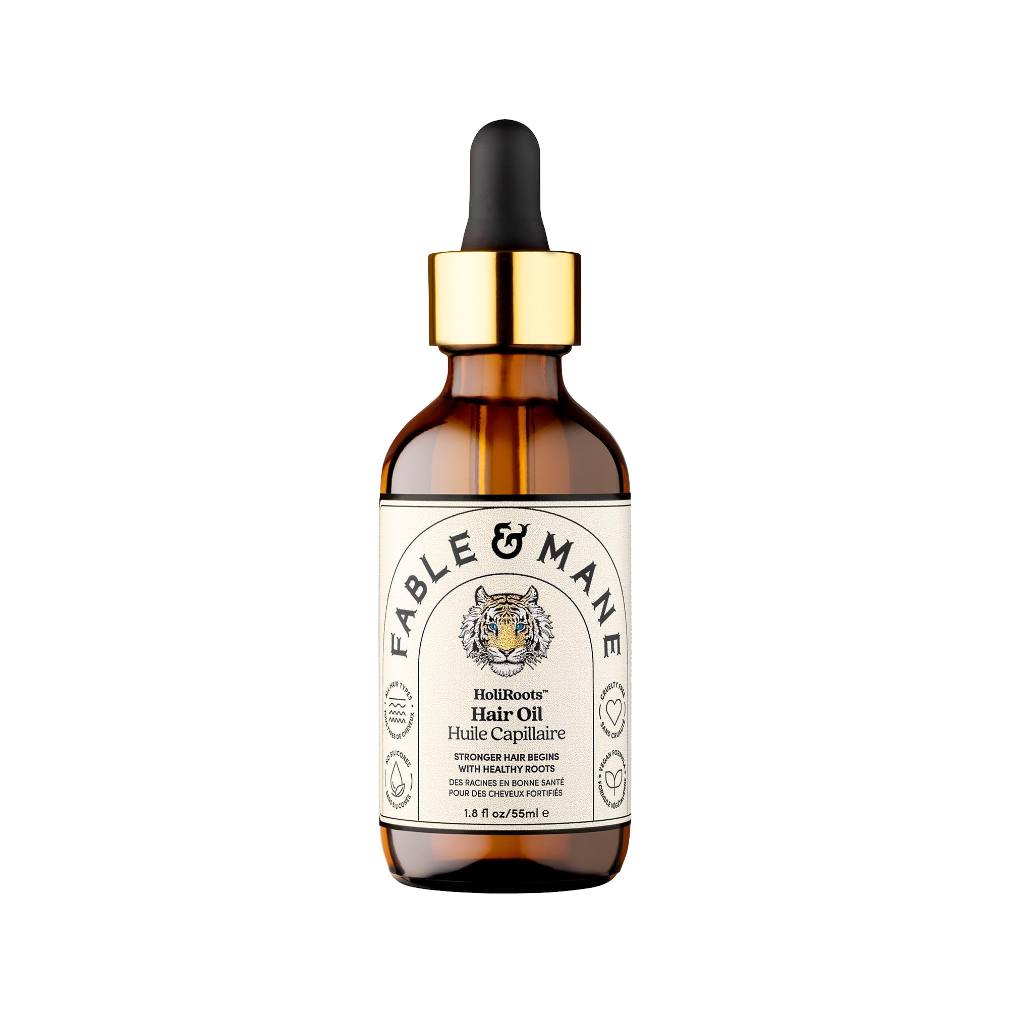 Bouteille Fable & Mane HoliRoots montrant le sérum nourrissant sans silicone.