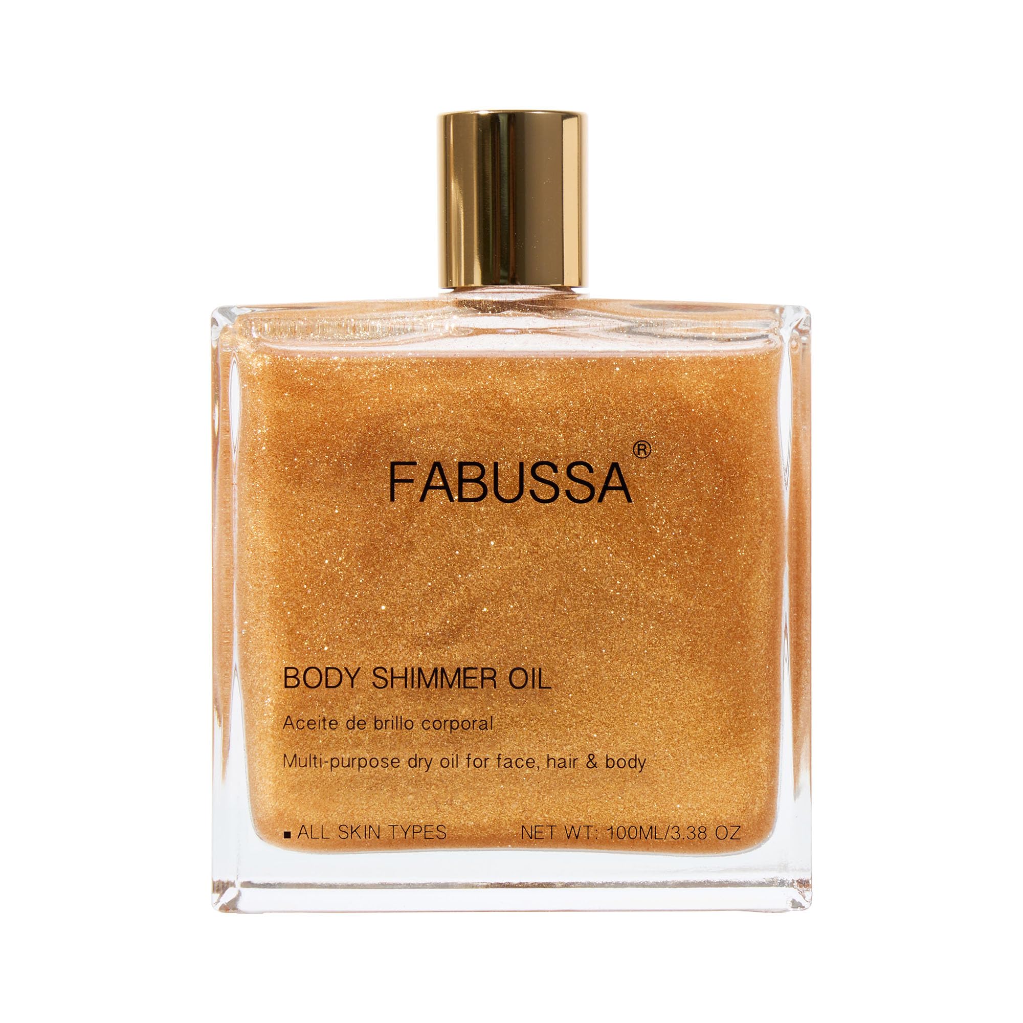 Fabussa huile scintillante : bouteille étincelante prête pour l’application sur la peau.