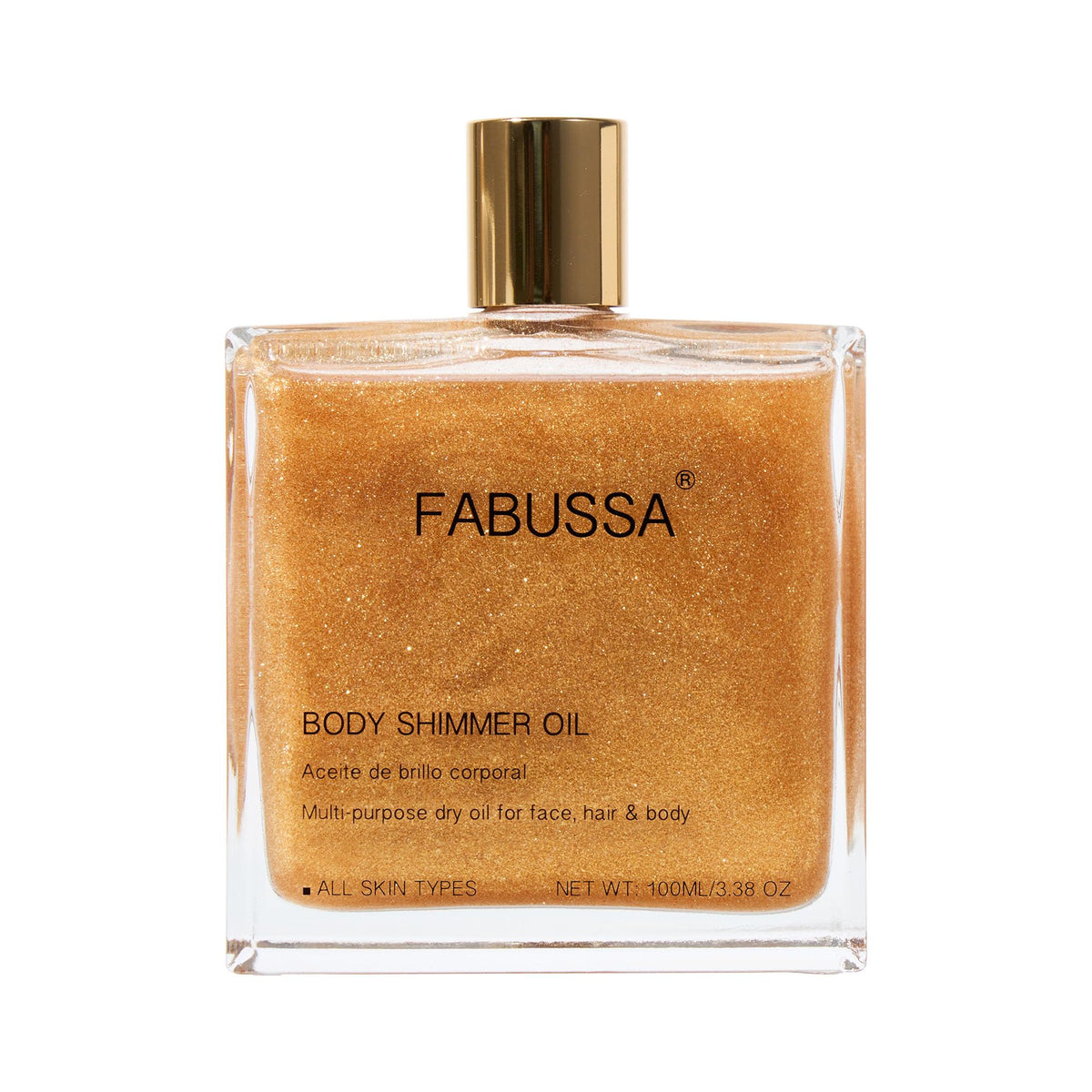 Fabussa huile scintillante : bouteille étincelante prête pour l’application sur la peau.