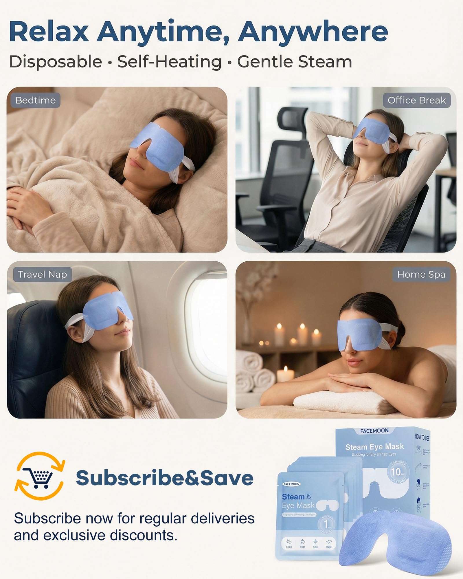 FACEMOON Masque yeux chauffant pack 10 compact, pratique à transporter.