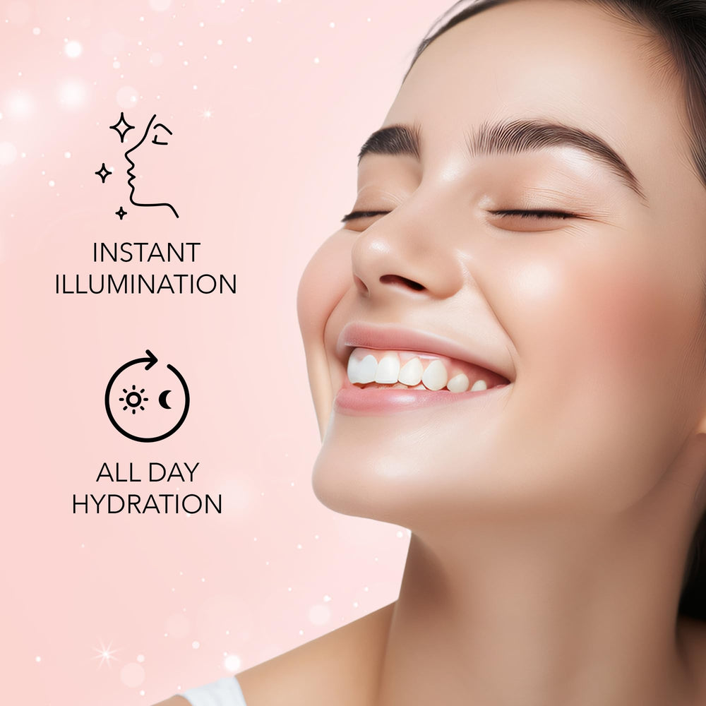 FACESCANADA Strobe Cream Rose Gold, avant-après montre l'éclat subtil sur le visage.