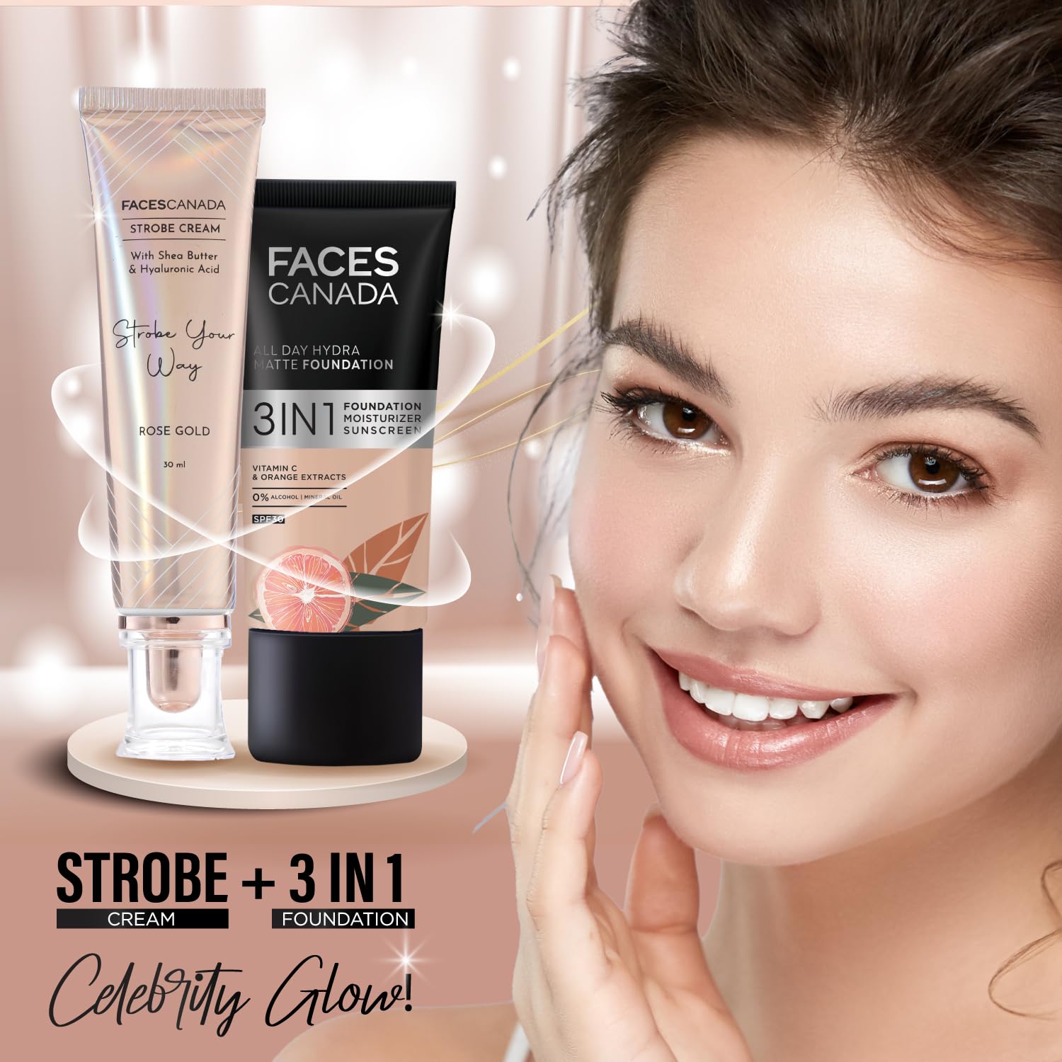 FACESCANADA Strobe Cream Rose Gold, base maquillage hydratante pour un rendu lumineux.