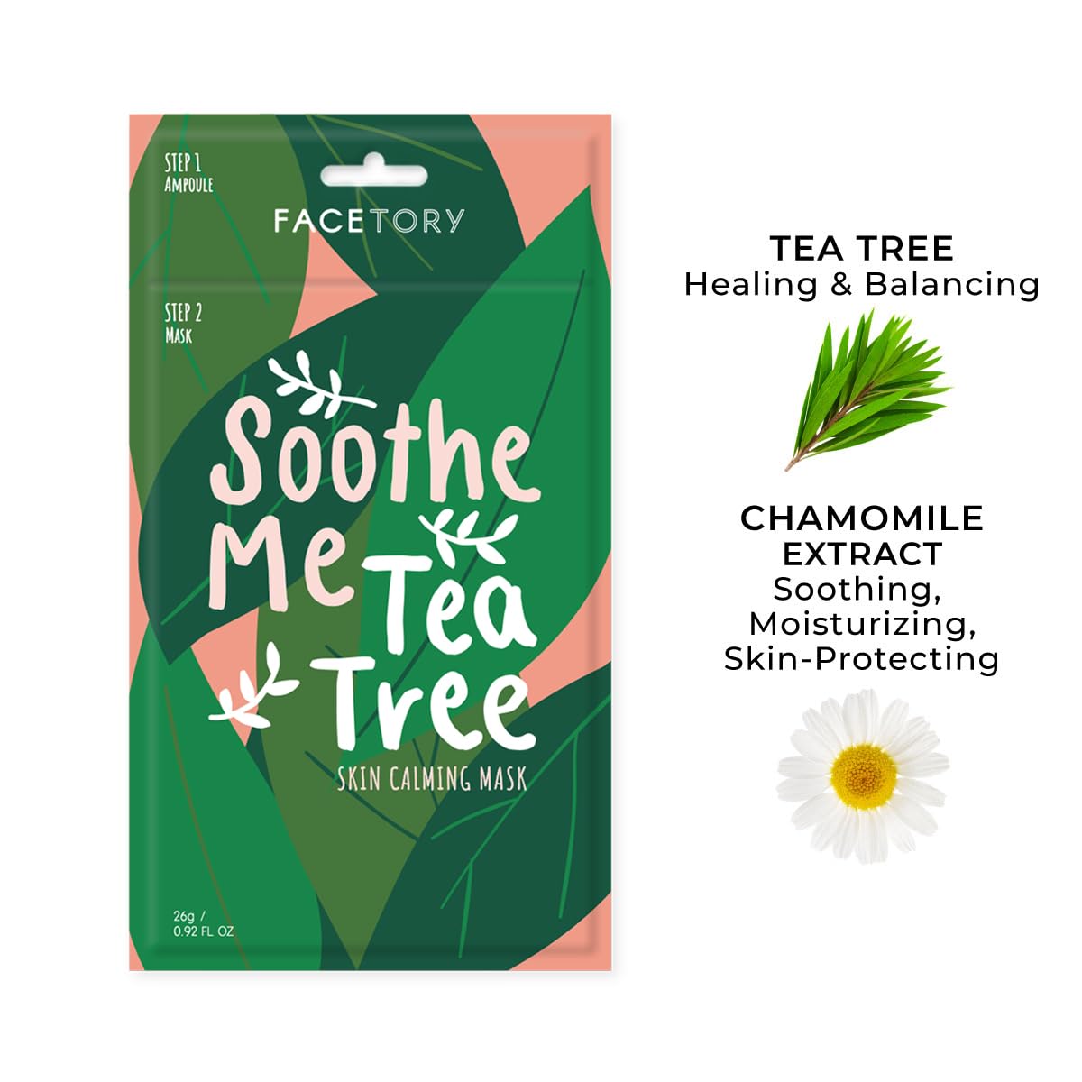 FACETORY masque Tea Tree camomille sur coton hydrate et apaise la peau.