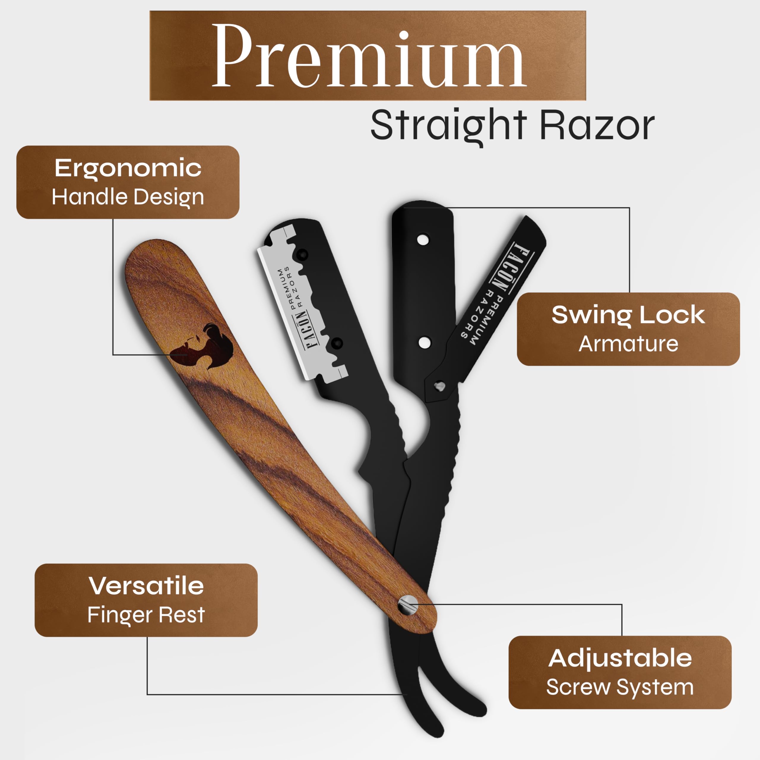 Rasoir FACON en acier inox et bois, finition premium et look élégant.