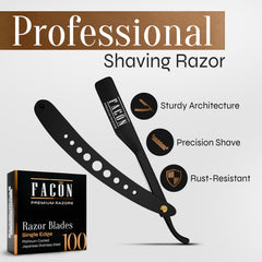 FACON rasoir droit et 100 lames platinées pour une coupe nette et durable.