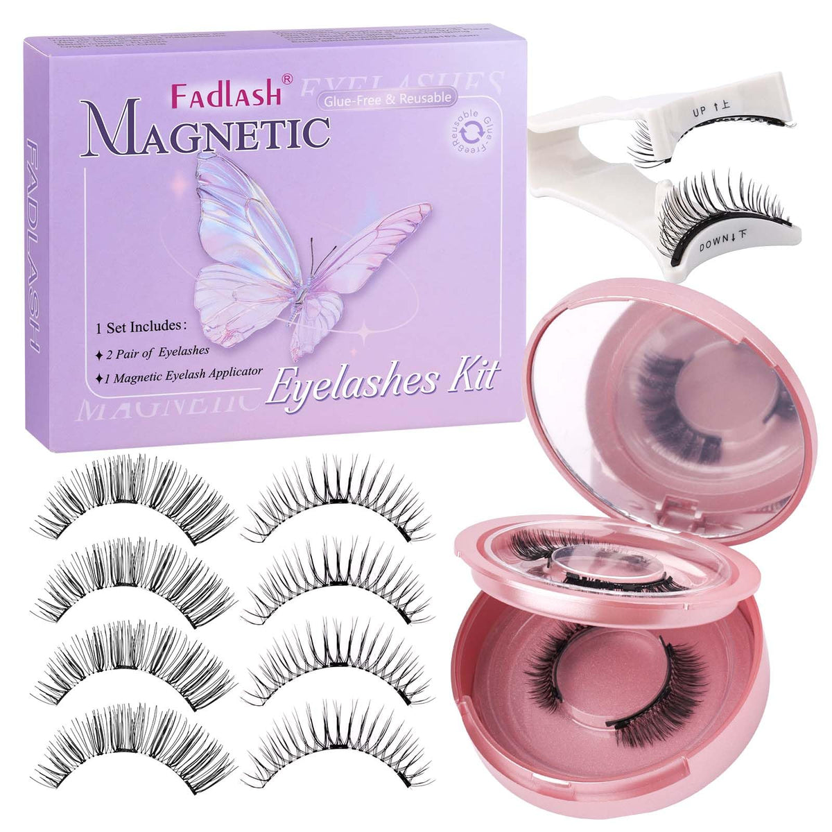 FADLASH cils magnétiques ensemble 2 paires avec applicateur pour pose rapide et naturelle.