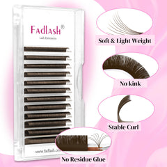 Extensions FADLASH brunes, cils brun foncé, courbe stable et étanche pour longue tenue.